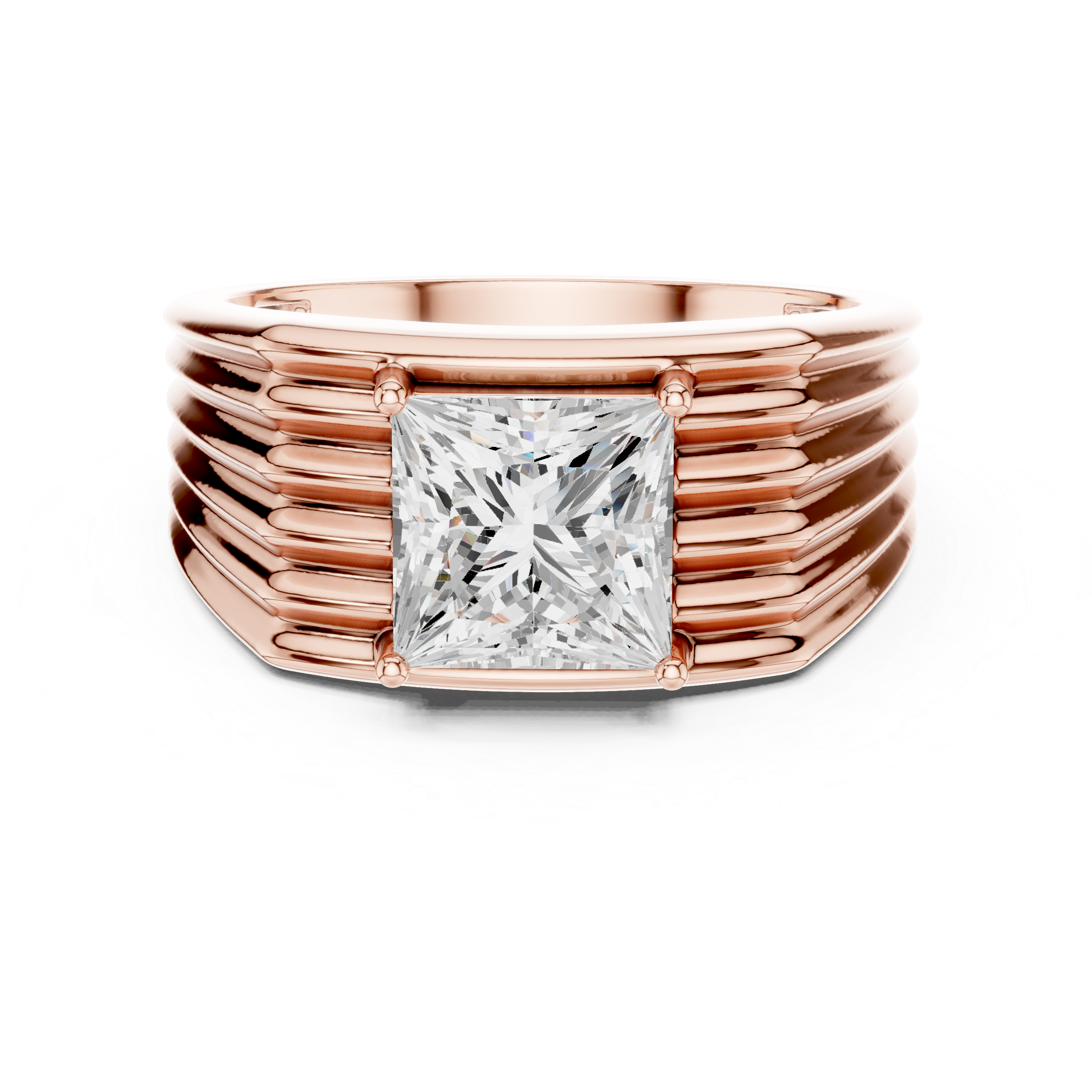 Princess Cut Solitaire Men's Ring – Multi-Ribbed Statement Signet Ring