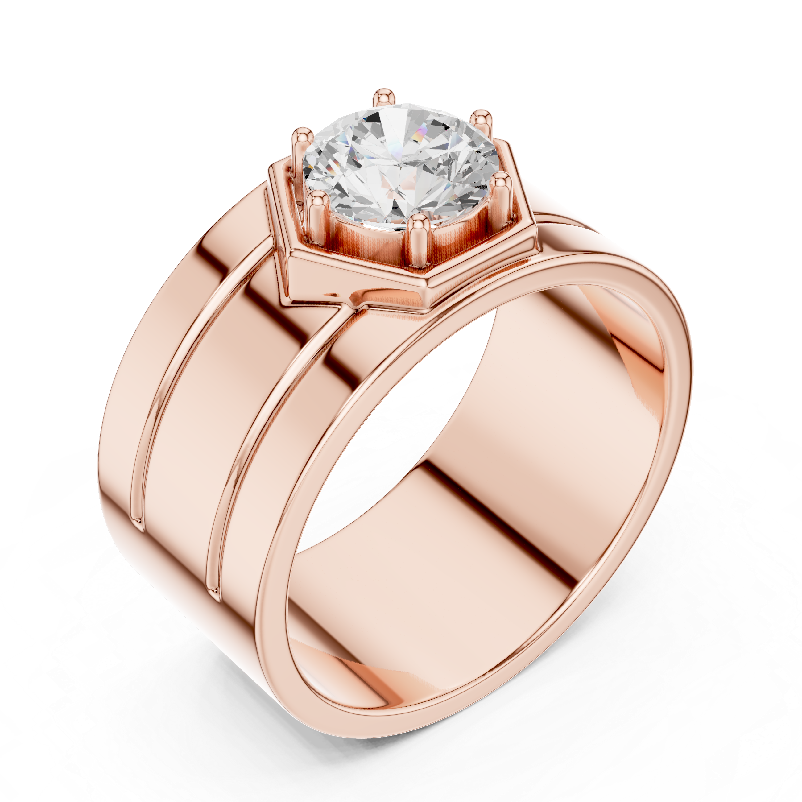 Hexagon Halo Diamond Signet Ring – Men's Round Solitaire Gold Statement Ring