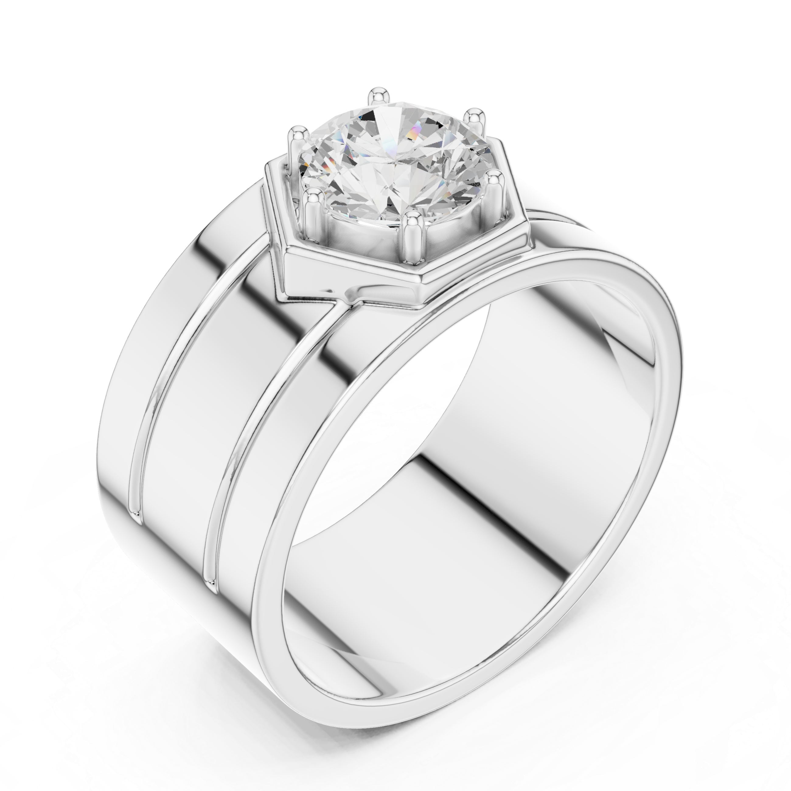 Hexagon Halo Diamond Signet Ring – Men's Round Solitaire Gold Statement Ring