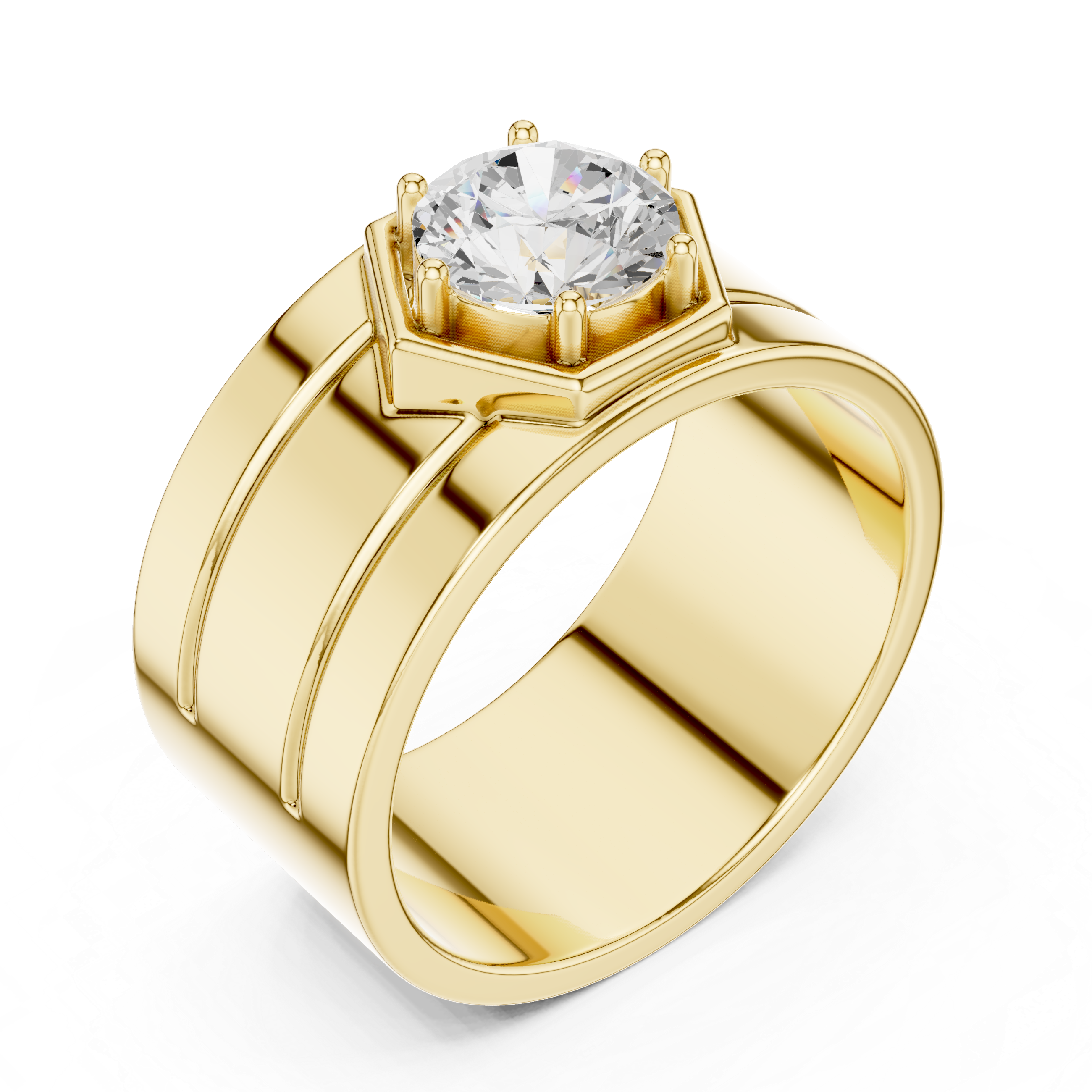 Hexagon Halo Diamond Signet Ring – Men's Round Solitaire Gold Statement Ring