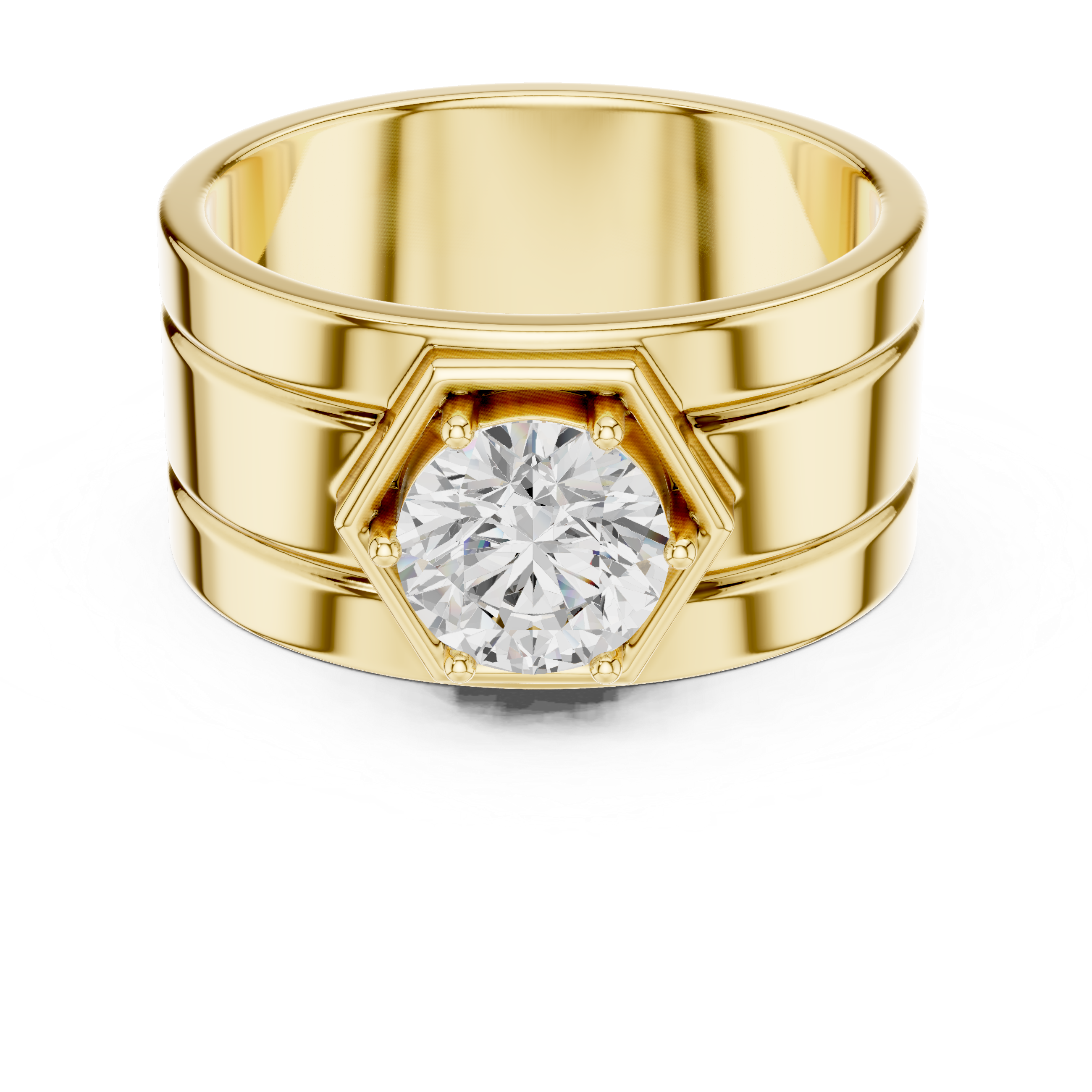 Hexagon Halo Diamond Signet Ring – Men's Round Solitaire Gold Statement Ring