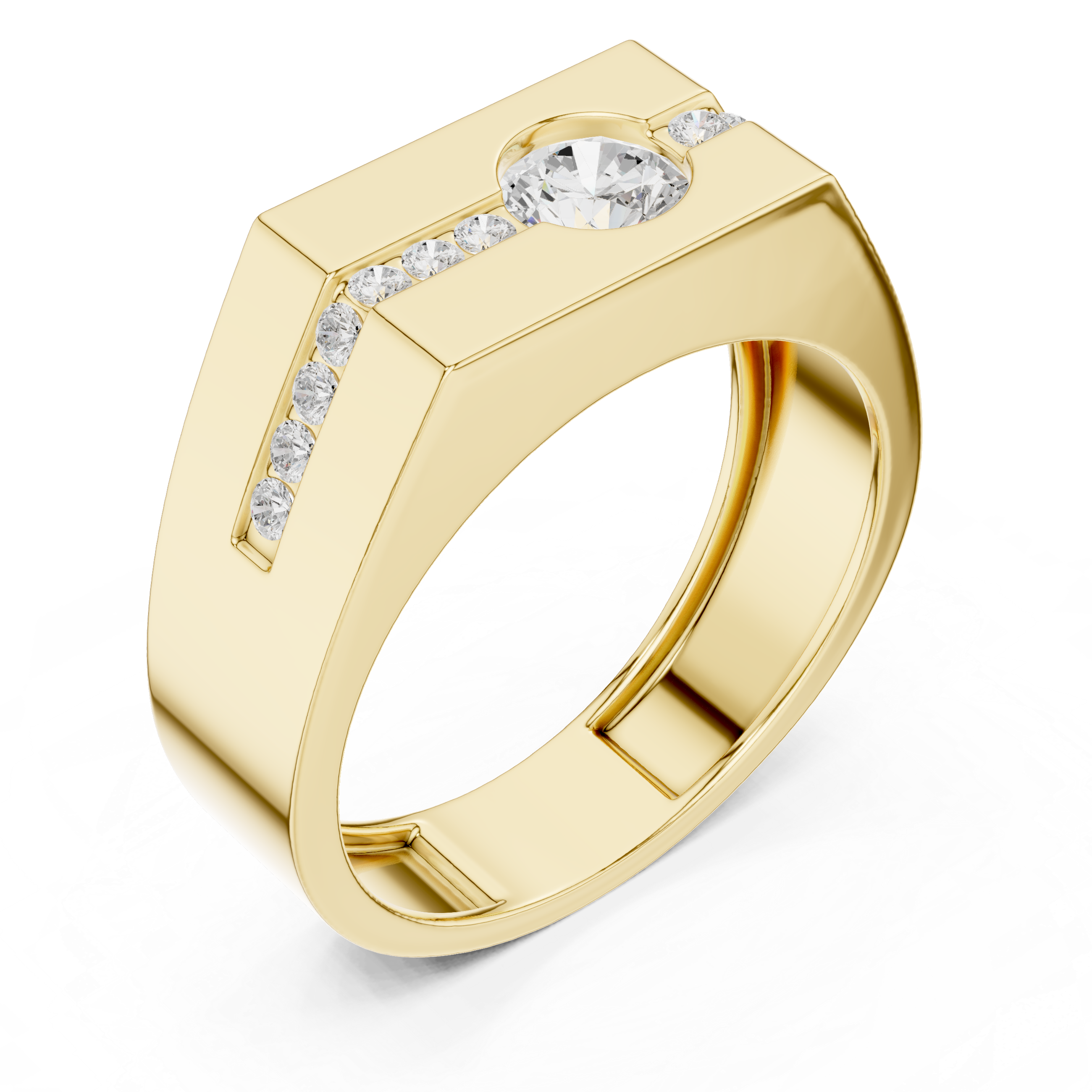 Men’s Channel Set Diamond Signet Ring – Modern Round Solitaire Gold Ring