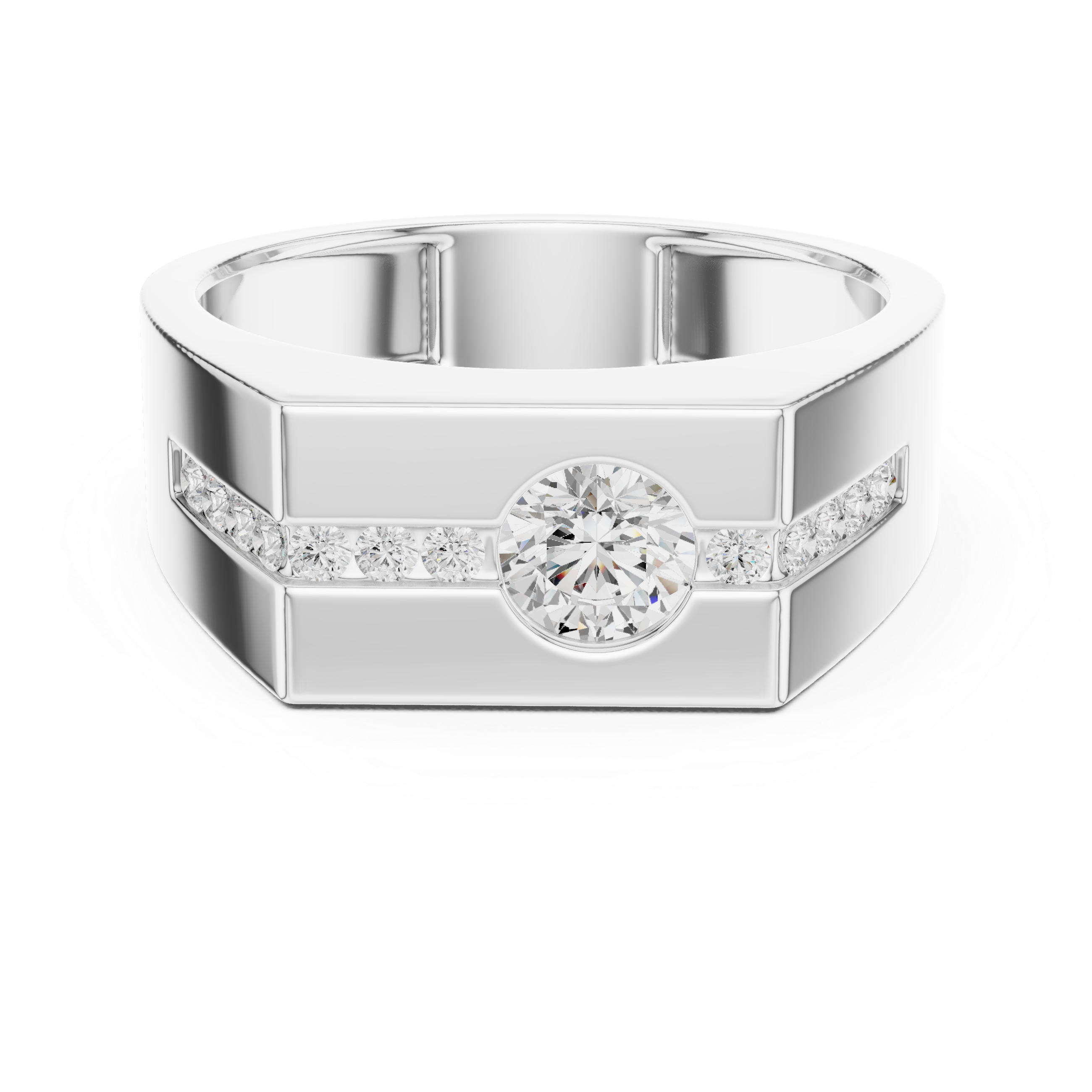 Men’s Channel Set Diamond Signet Ring – Modern Round Solitaire Gold Ring
