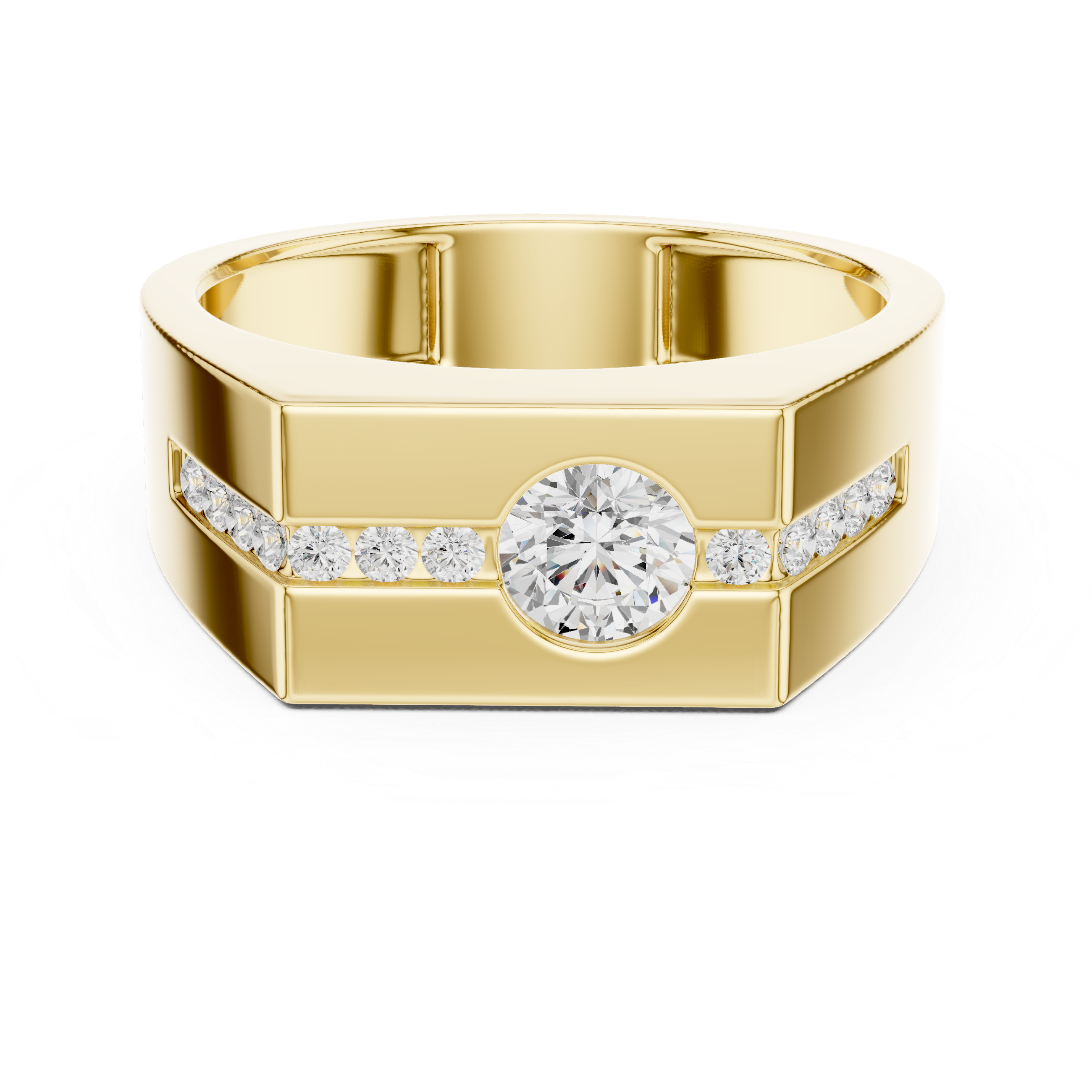 Men’s Channel Set Diamond Signet Ring – Modern Round Solitaire Gold Ring