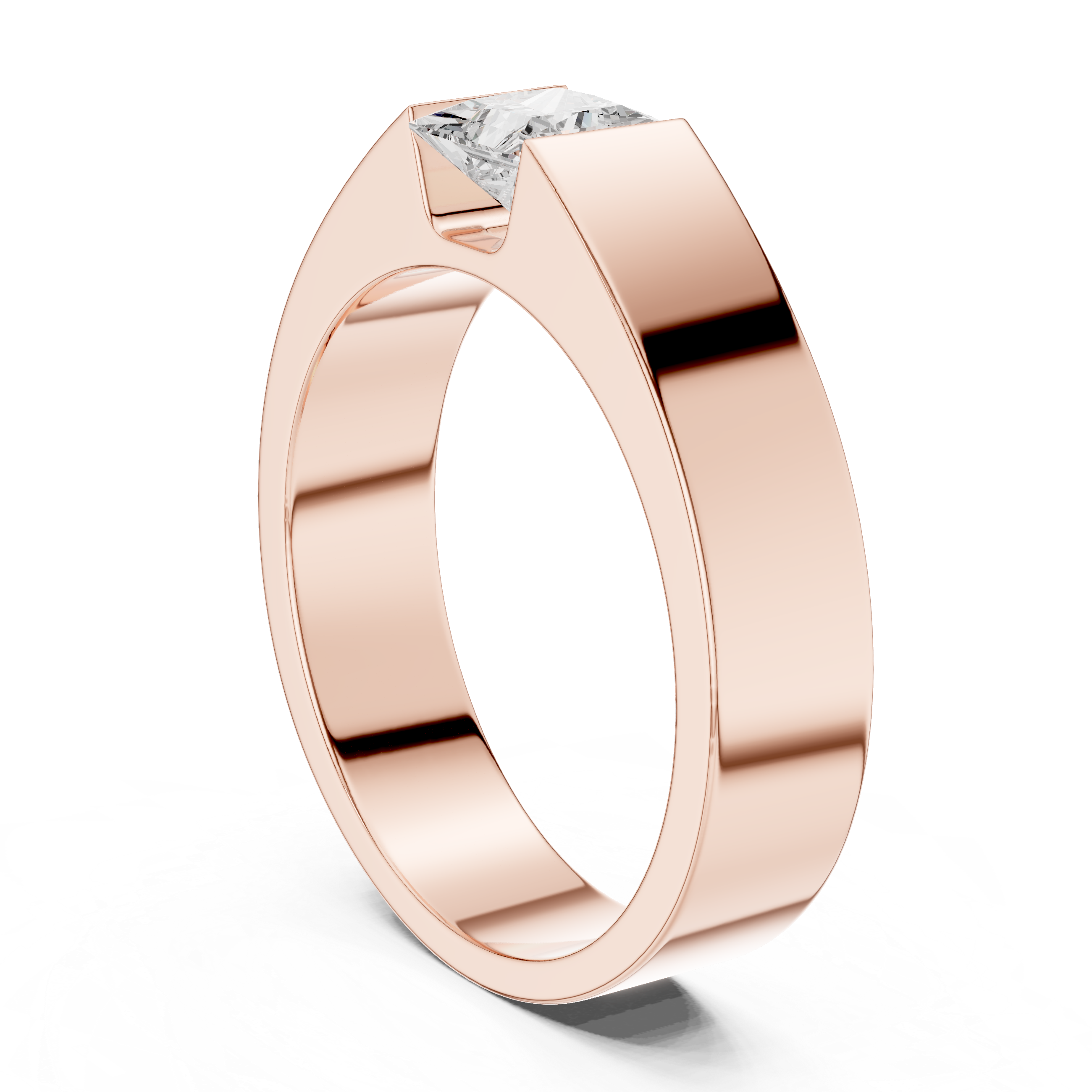 Men’s Princess Cut Solitaire Ring – Modern Flush Set Gold Statement Band