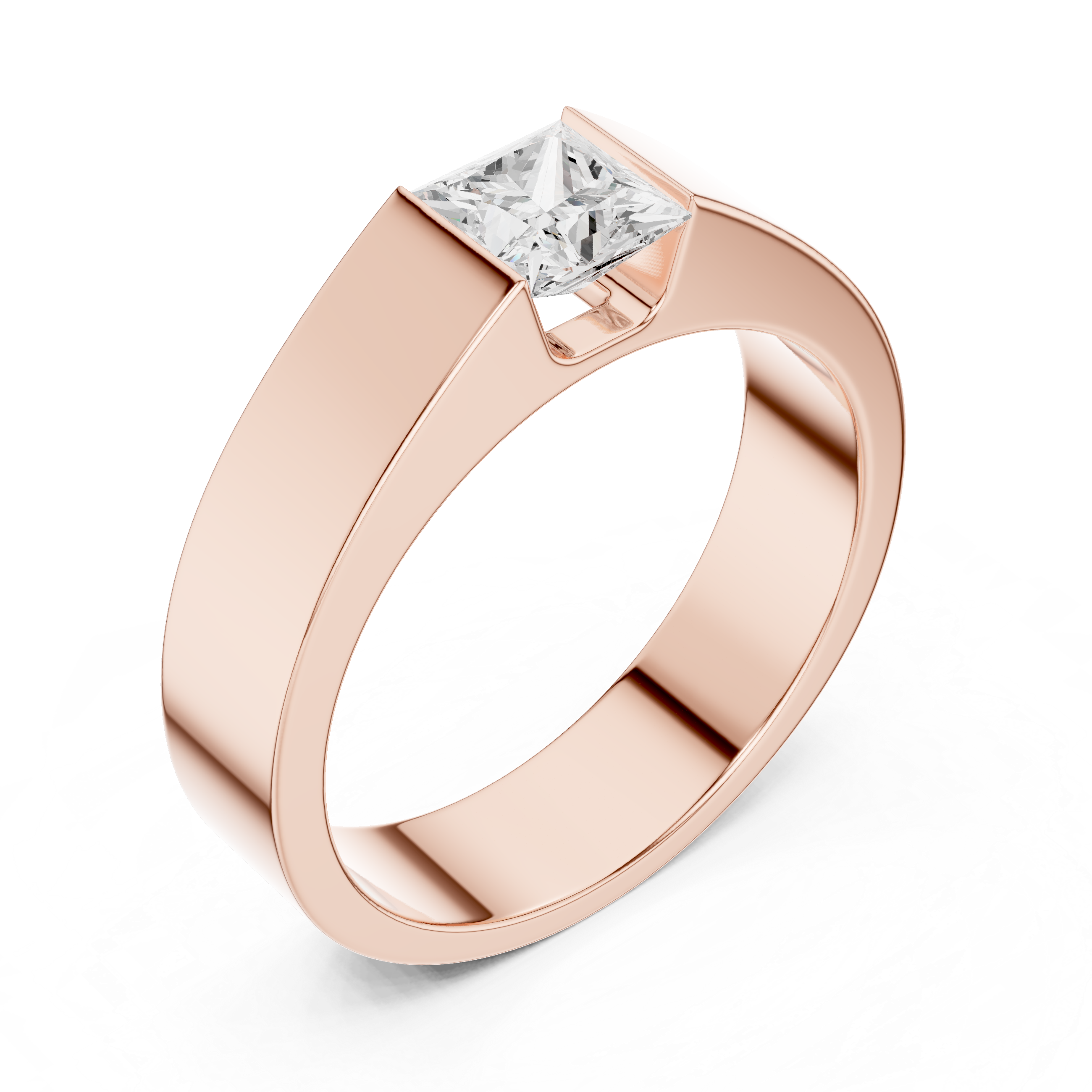Men’s Princess Cut Solitaire Ring – Modern Flush Set Gold Statement Band