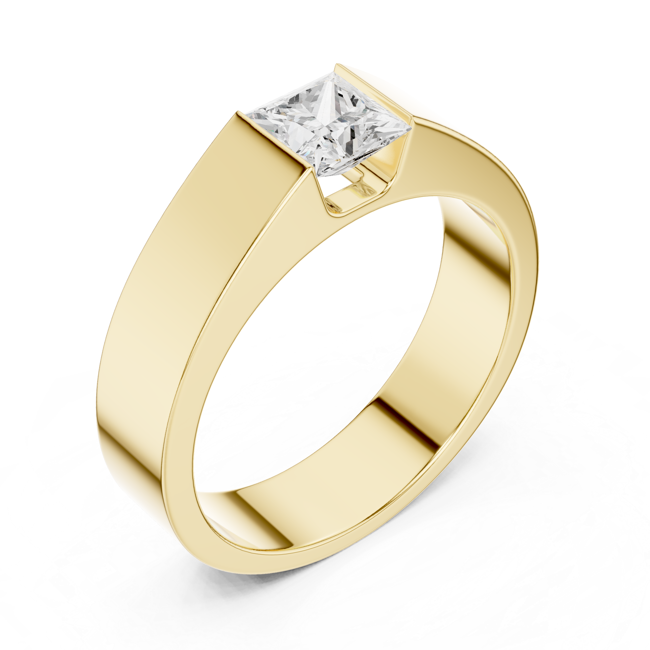 Men’s Princess Cut Solitaire Ring – Modern Flush Set Gold Statement Band