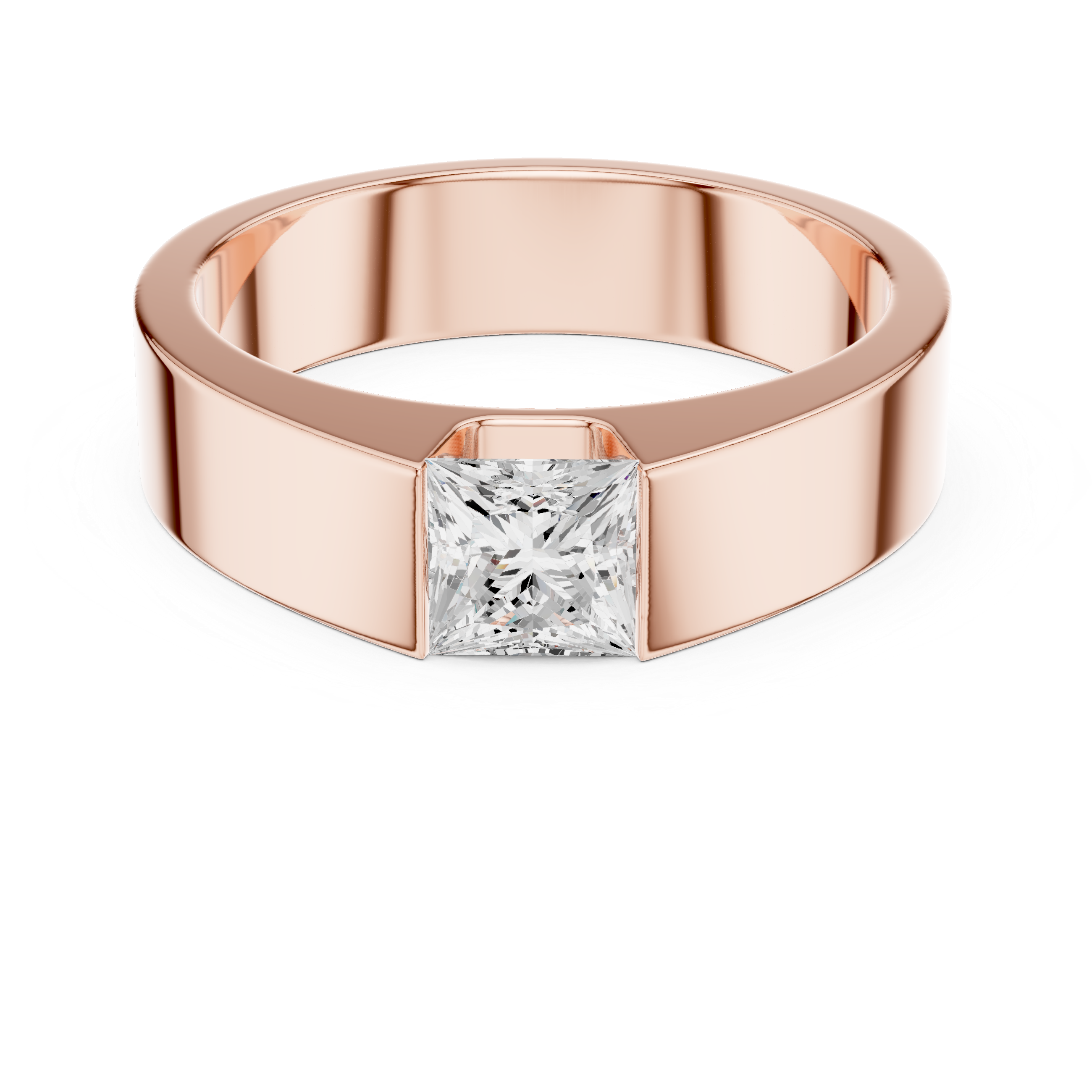 Men’s Princess Cut Solitaire Ring – Modern Flush Set Gold Statement Band