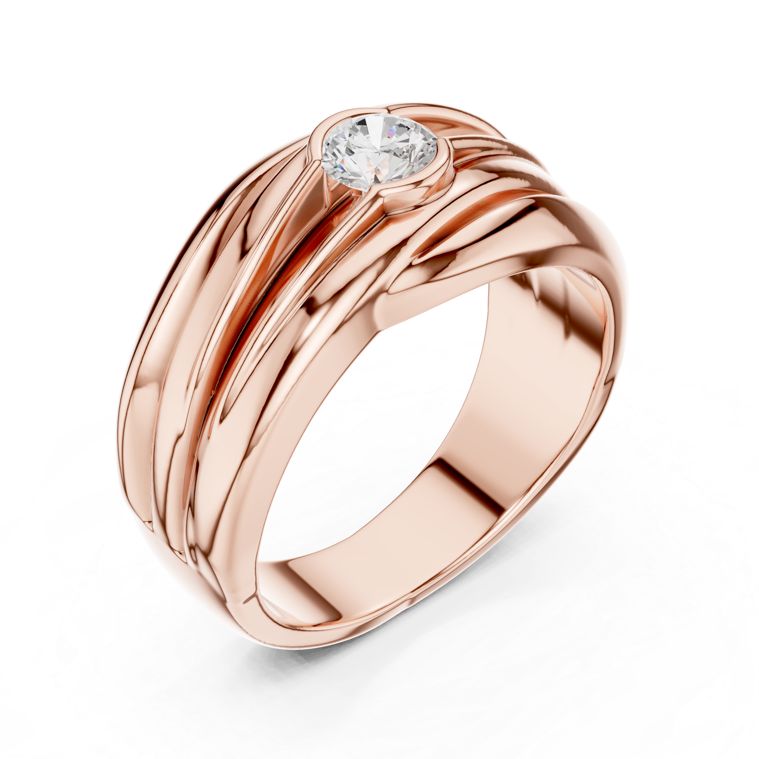 Modern Wave Design Diamond Ring – Bezel Set Round Diamond Statement Ring