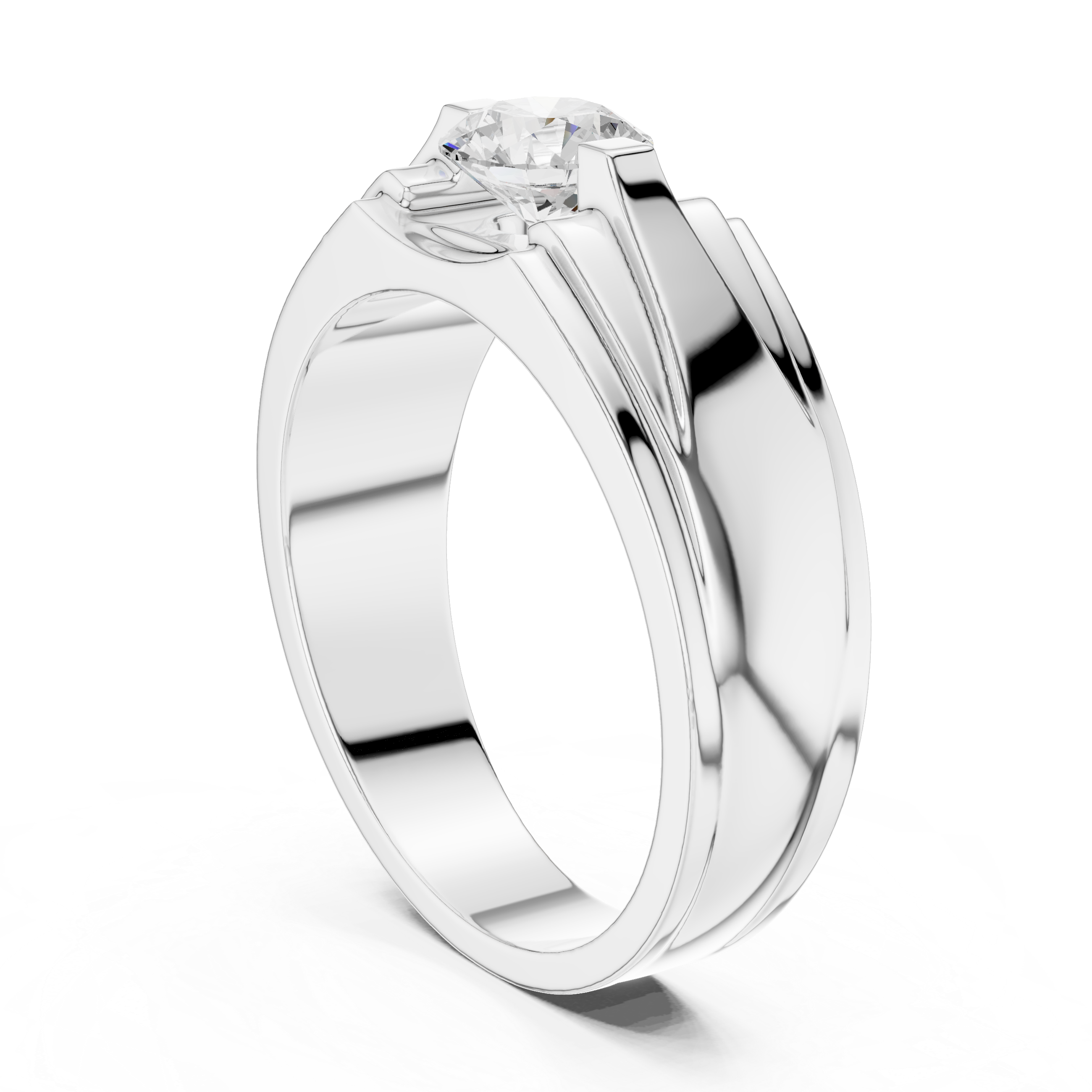 Men’s Architectural Solitaire Diamond Ring – Geometric Shoulder Design with 0.75 CT Round Stone