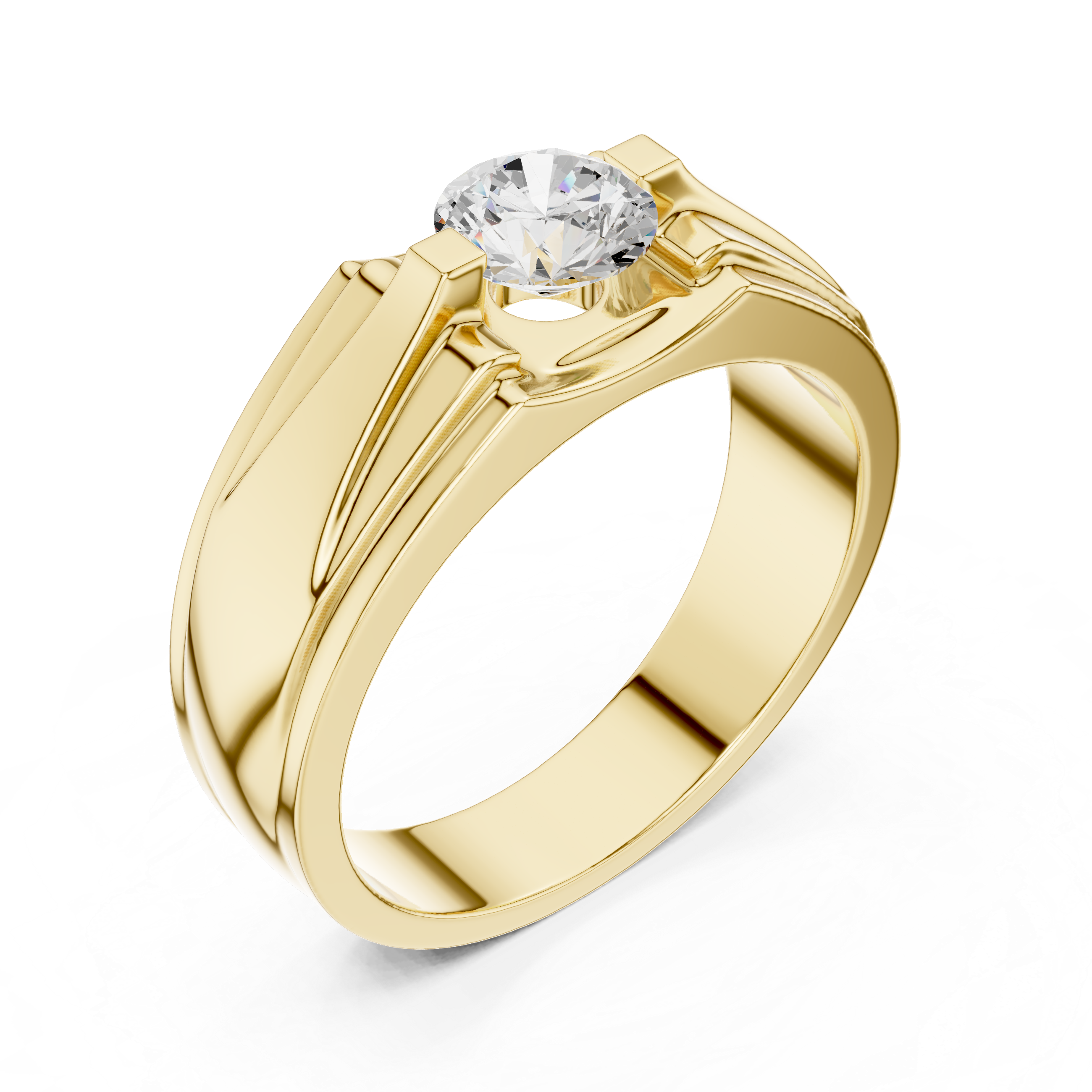 Men’s Architectural Solitaire Diamond Ring – Geometric Shoulder Design with 0.75 CT Round Stone