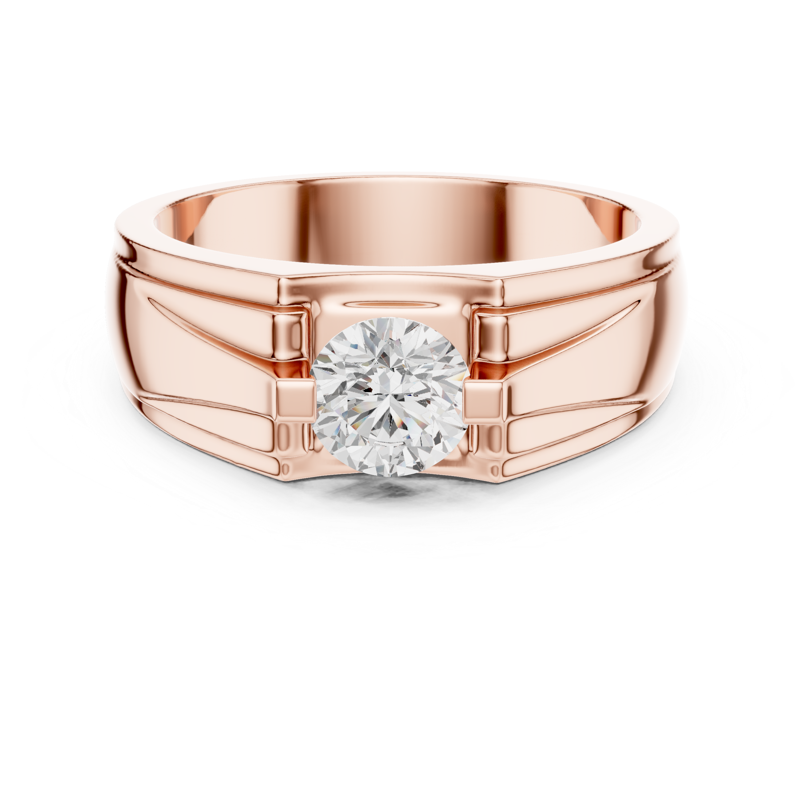 Men’s Architectural Solitaire Diamond Ring – Geometric Shoulder Design with 0.75 CT Round Stone