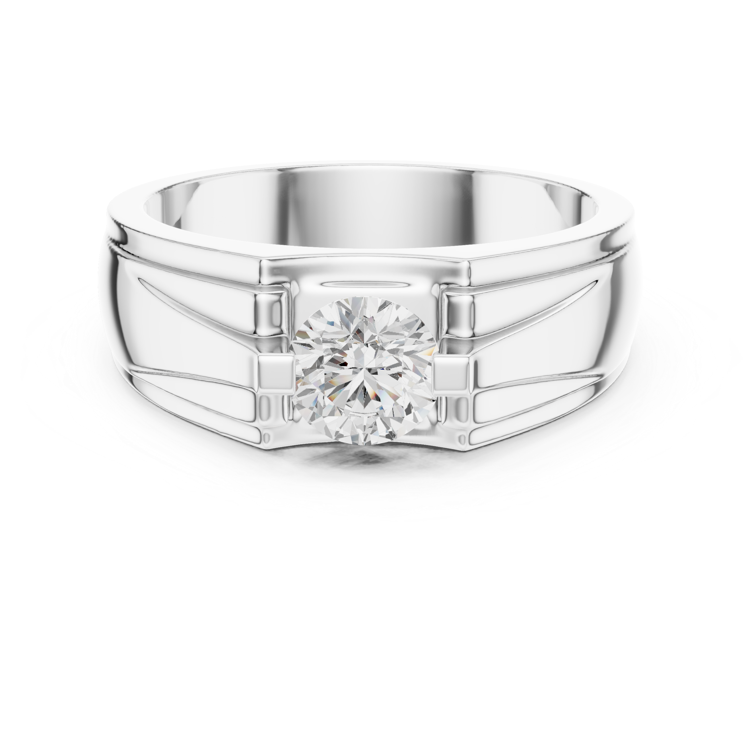 Men’s Architectural Solitaire Diamond Ring – Geometric Shoulder Design with 0.75 CT Round Stone