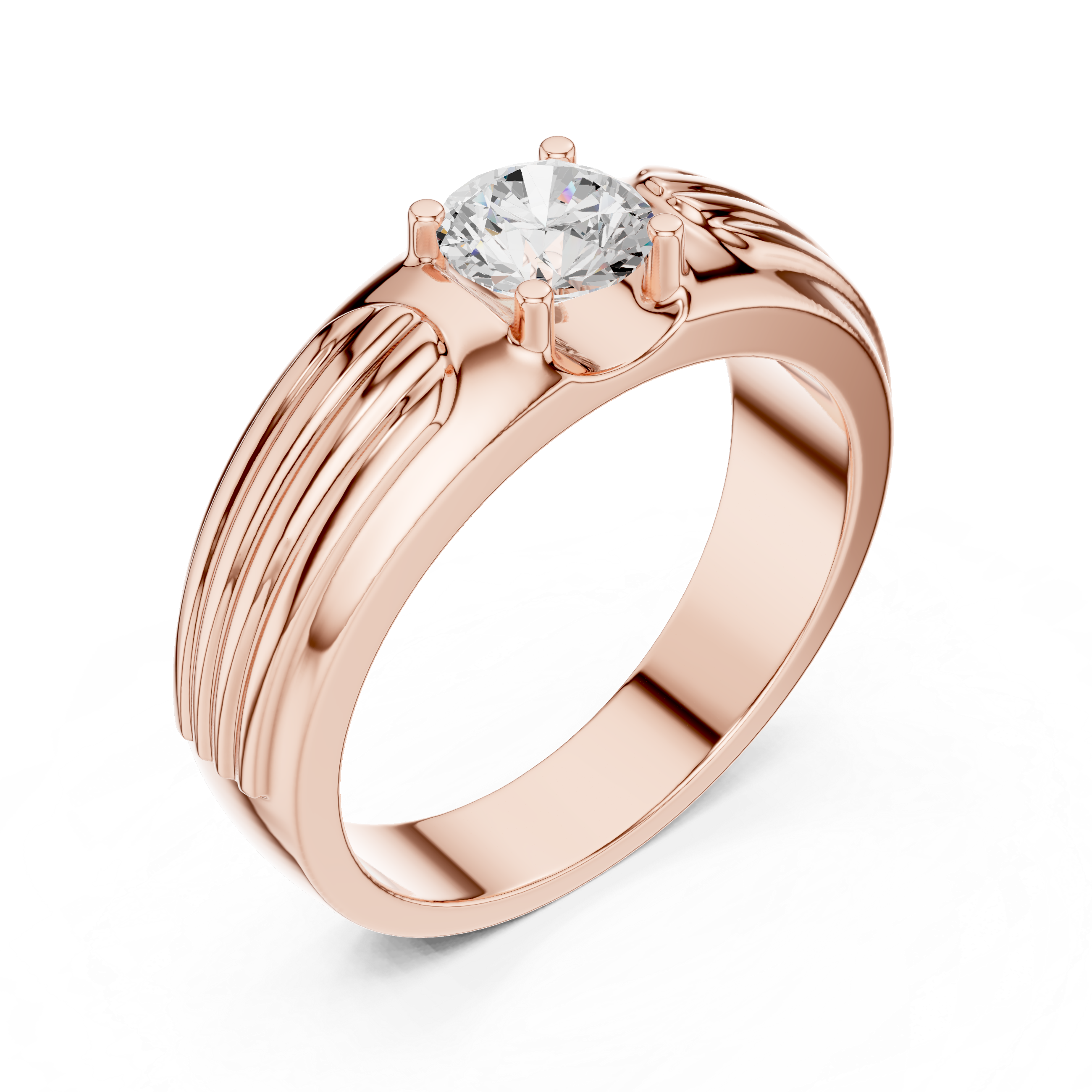 Men’s Fluted Solitaire Diamond Ring – Textured Shoulder Design with 0.75 CT Round Stone