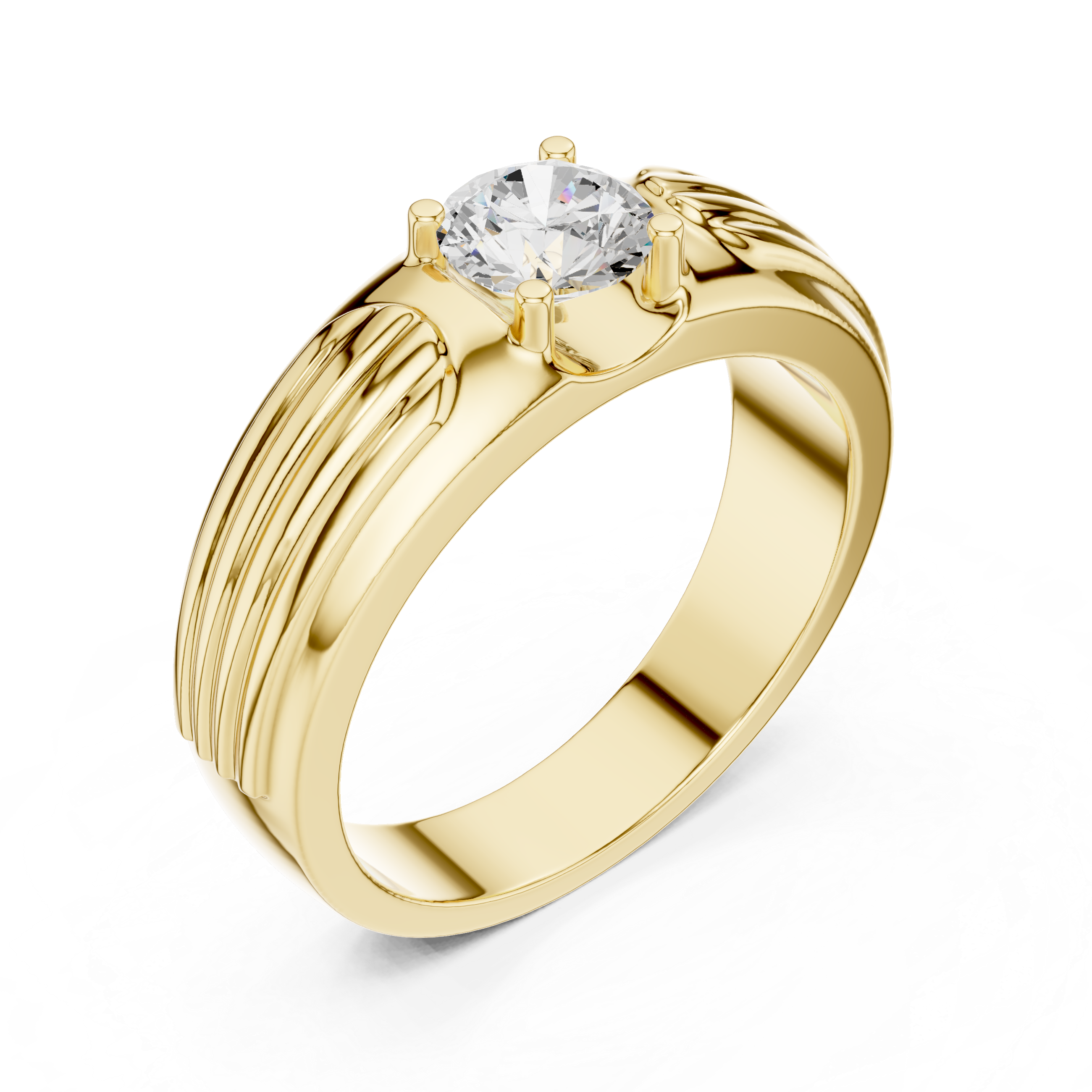 Men’s Fluted Solitaire Diamond Ring – Textured Shoulder Design with 0.75 CT Round Stone