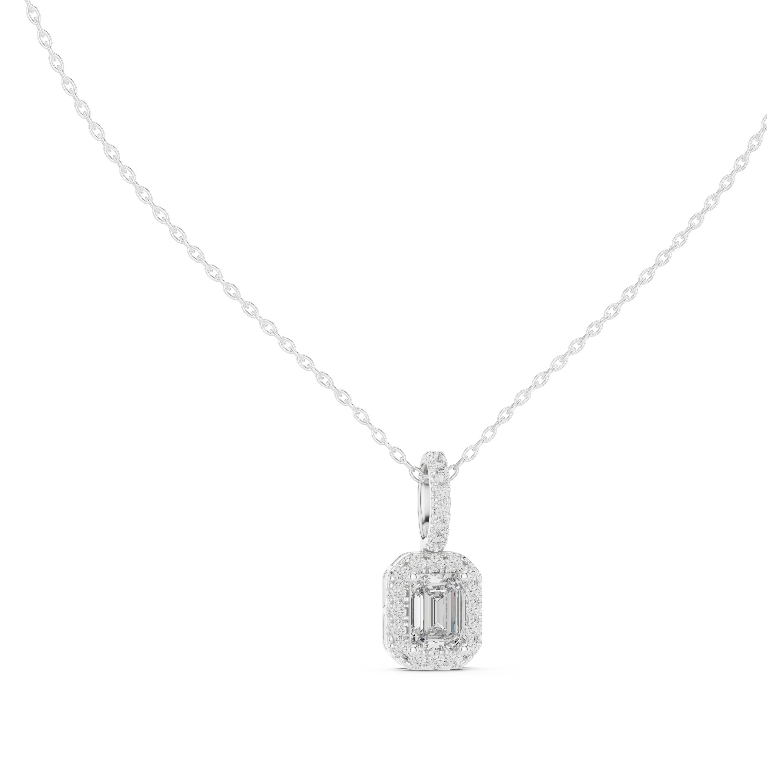 Emerald Cut Halo Diamond Pendant Necklace
