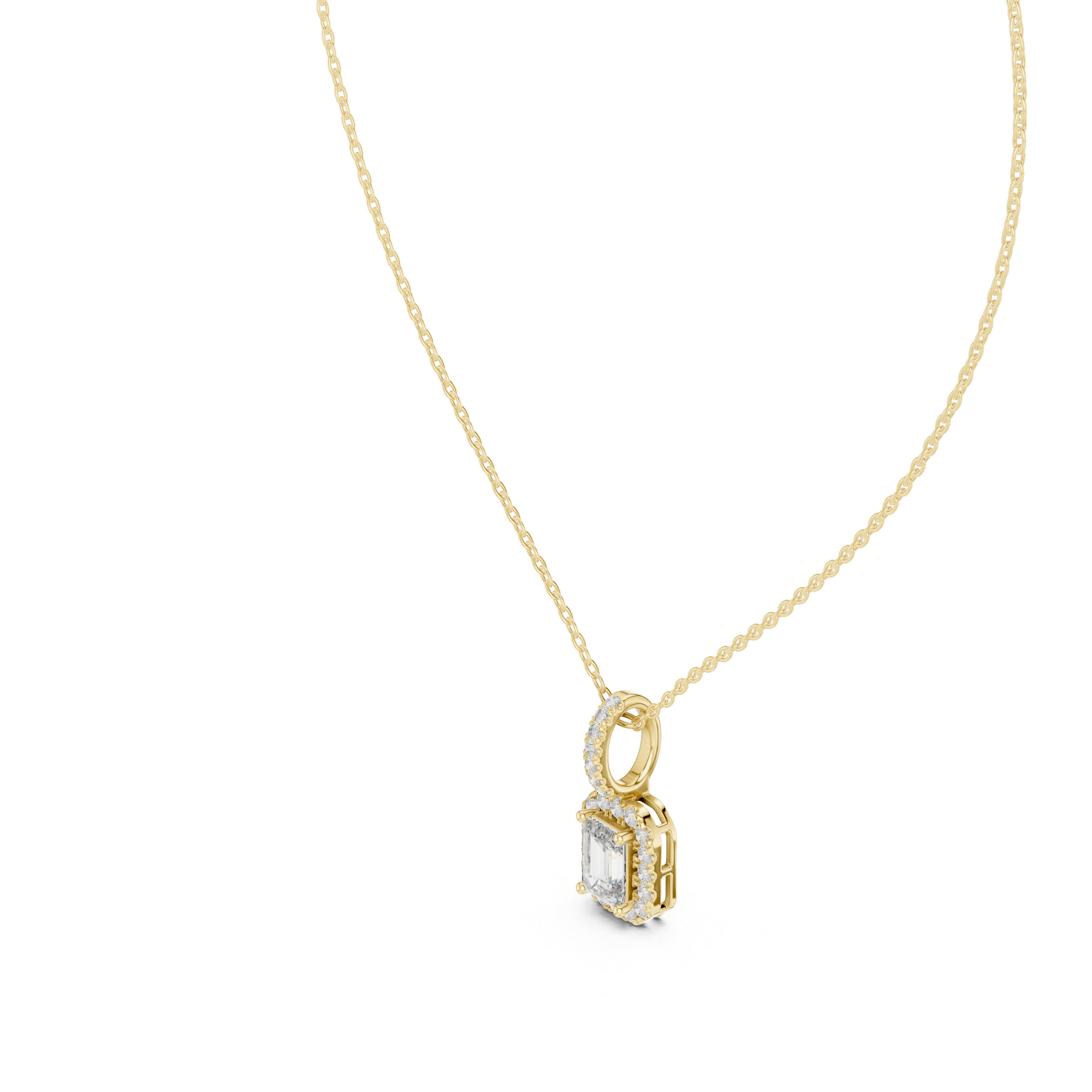 Emerald Cut Halo Diamond Pendant Necklace