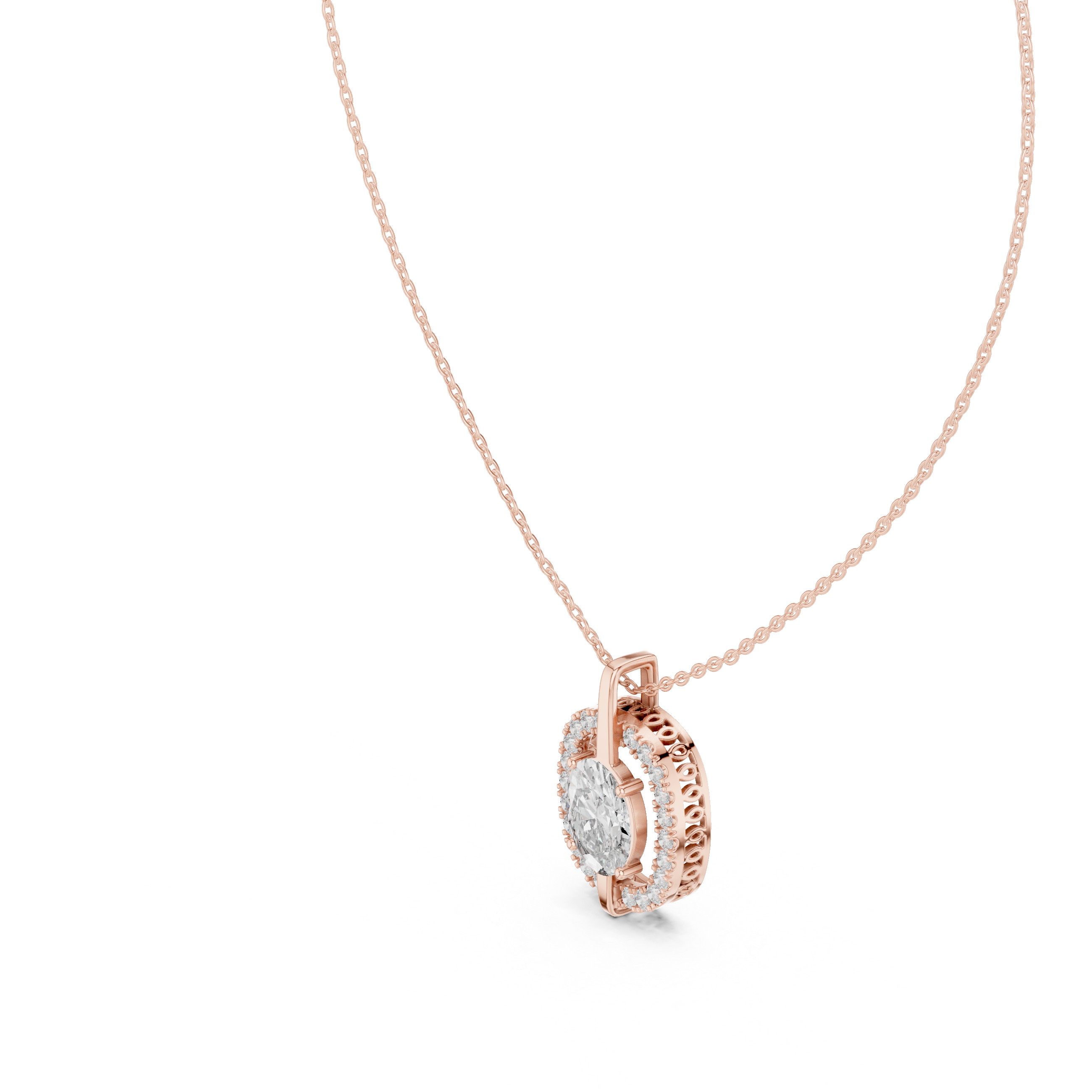 Oval Solitaire Halo Pendant with Pavé Diamond Frame