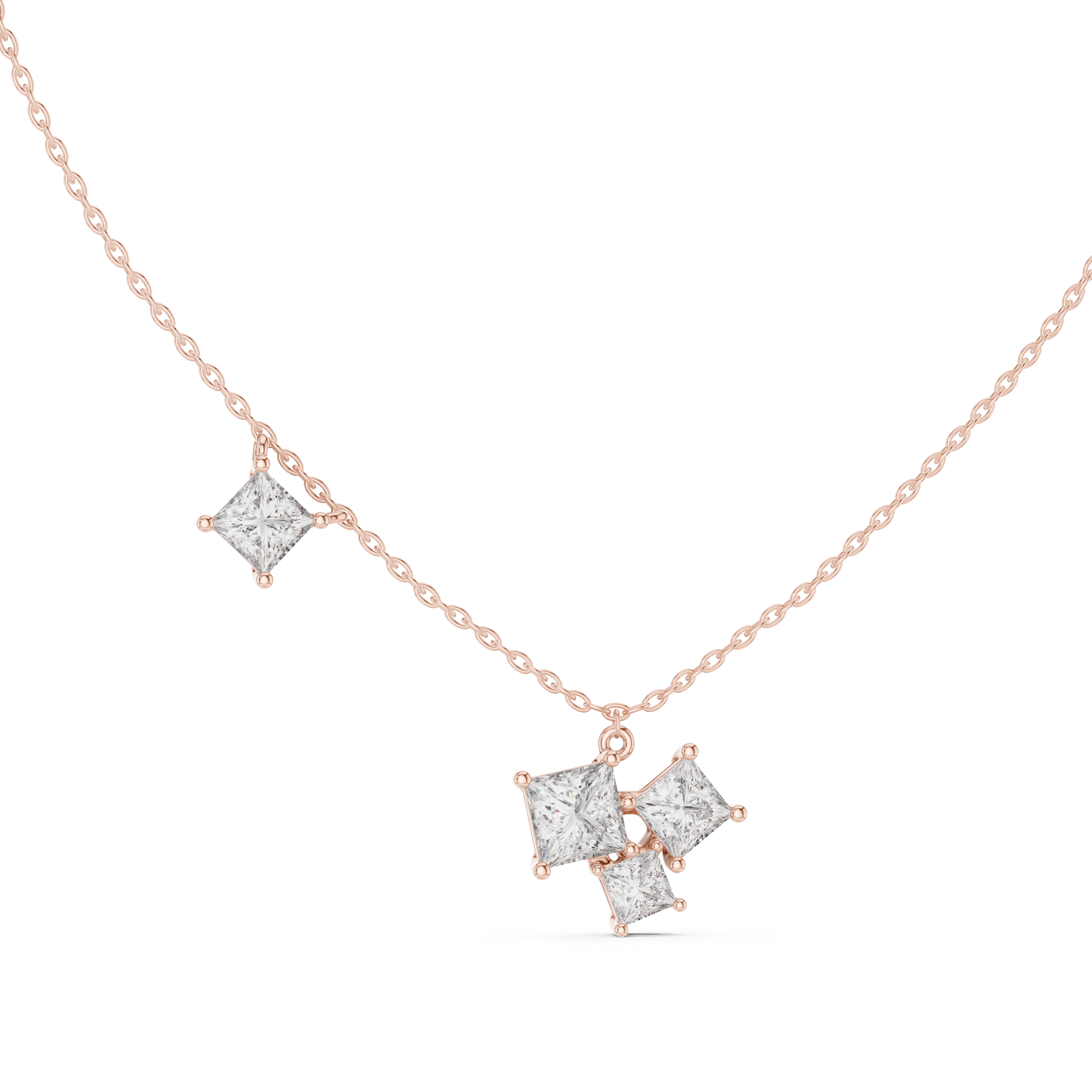 Princess Cut Diamond Cluster Pendant Necklace with Side Accent