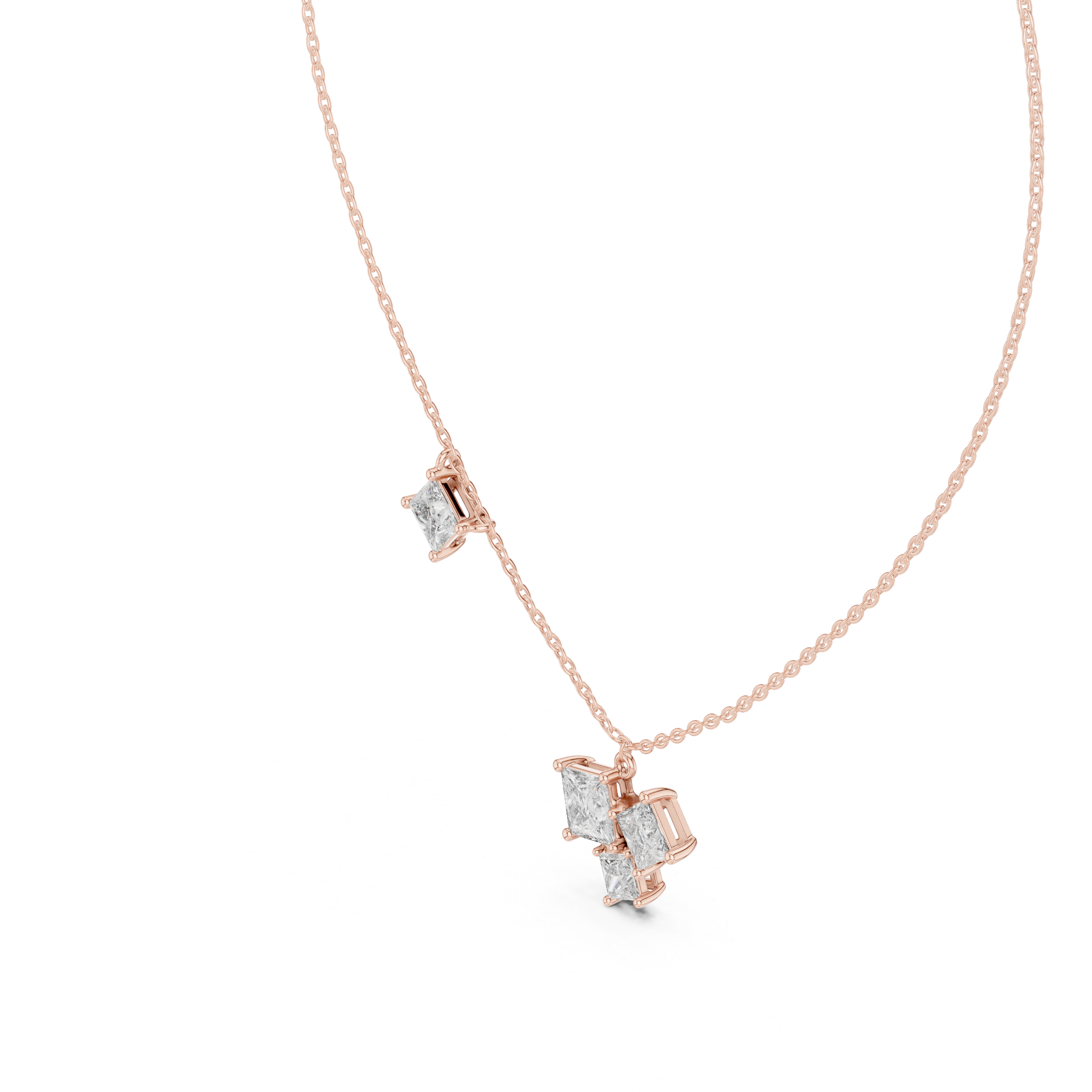 Princess Cut Diamond Cluster Pendant Necklace with Side Accent