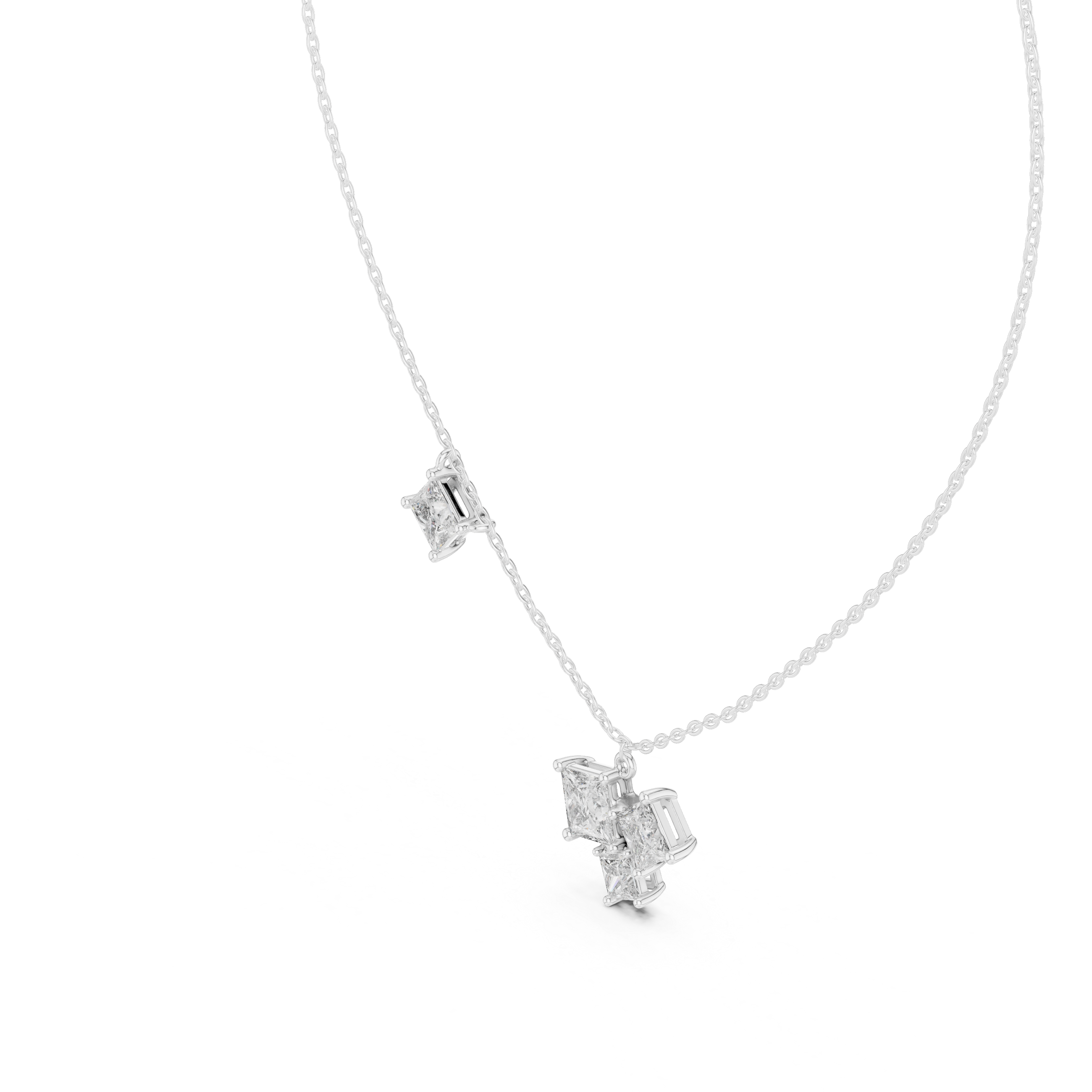 Princess Cut Diamond Cluster Pendant Necklace with Side Accent