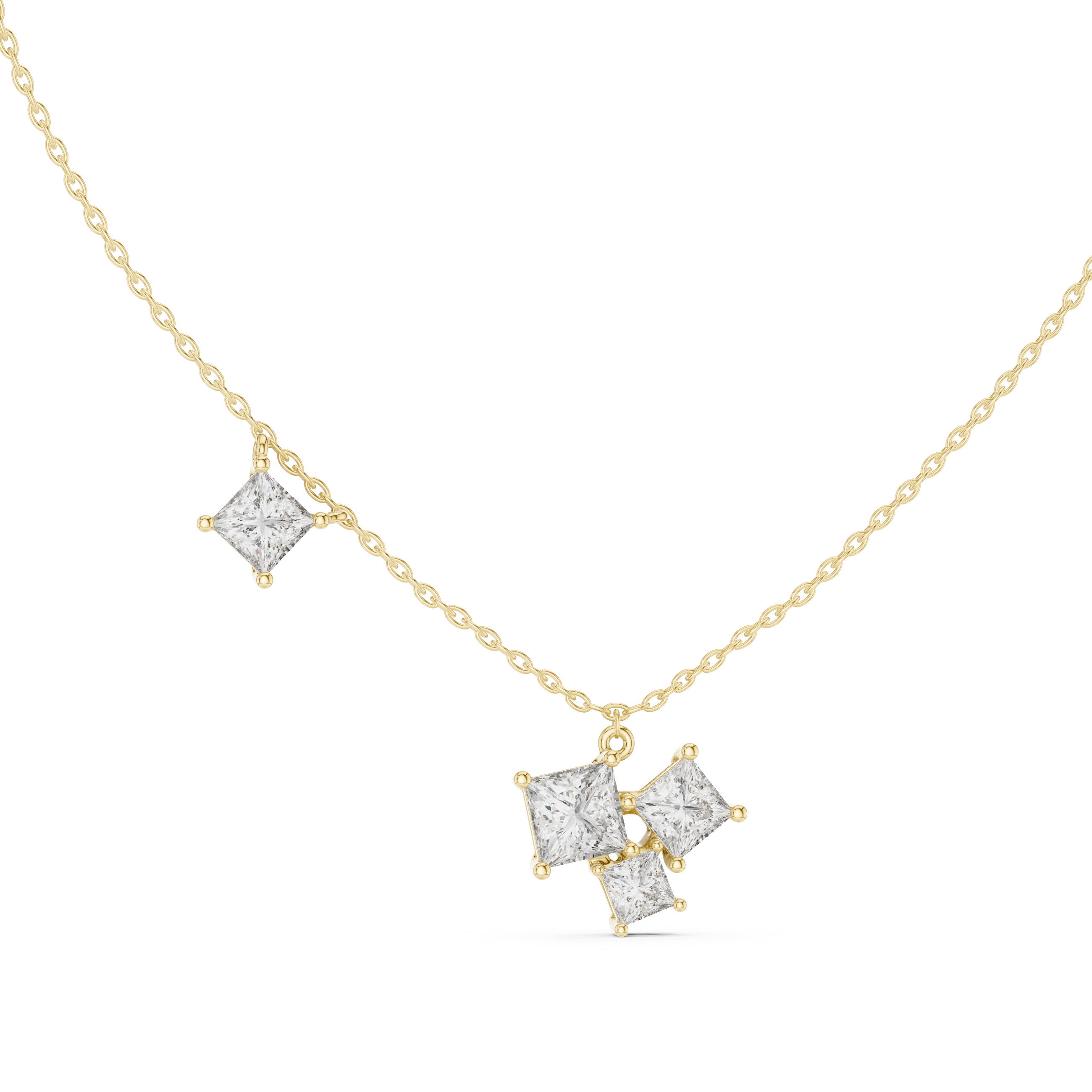 Princess Cut Diamond Cluster Pendant Necklace with Side Accent