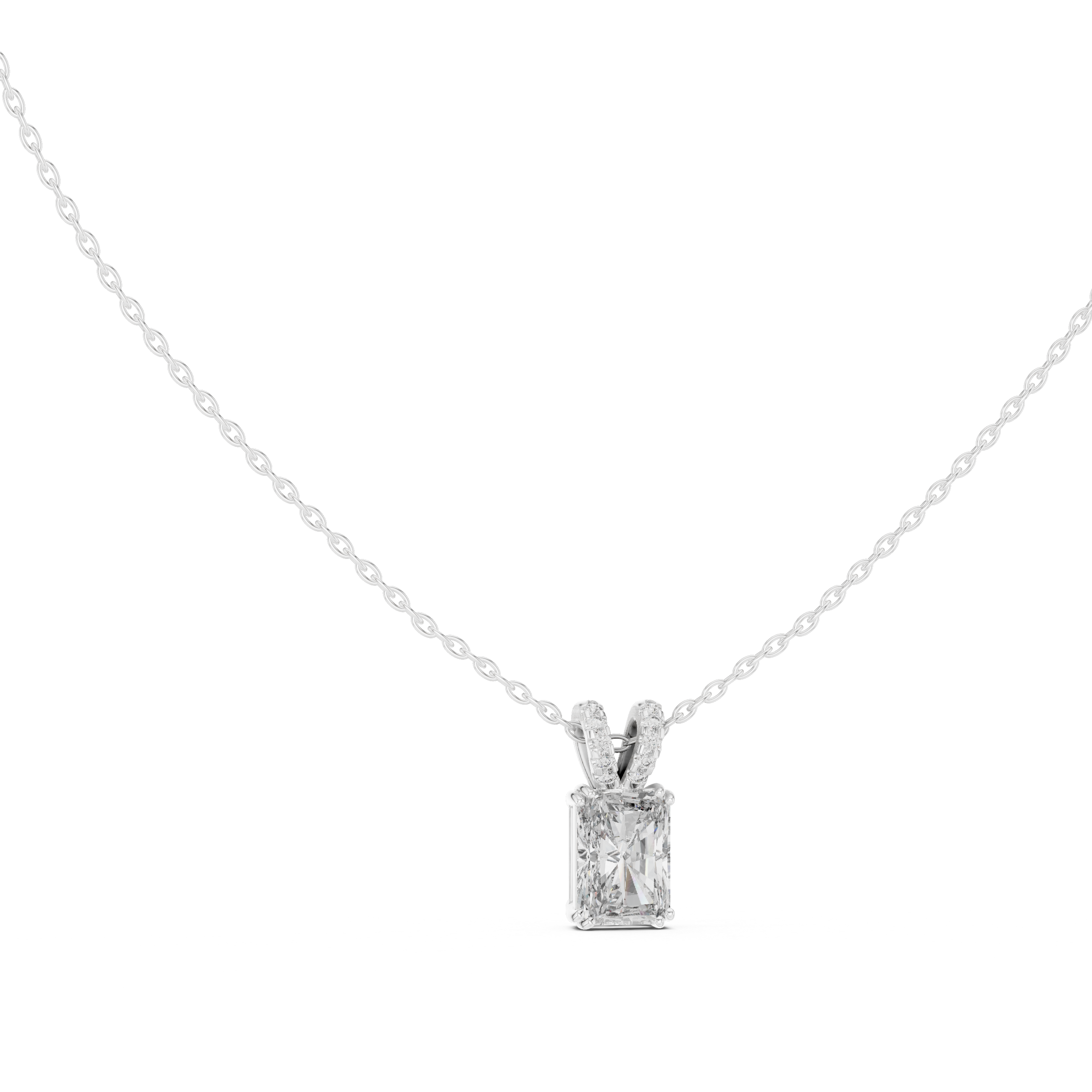Radiant Cut Diamond Pendant Necklace – Modern Solitaire with Pavé Bail