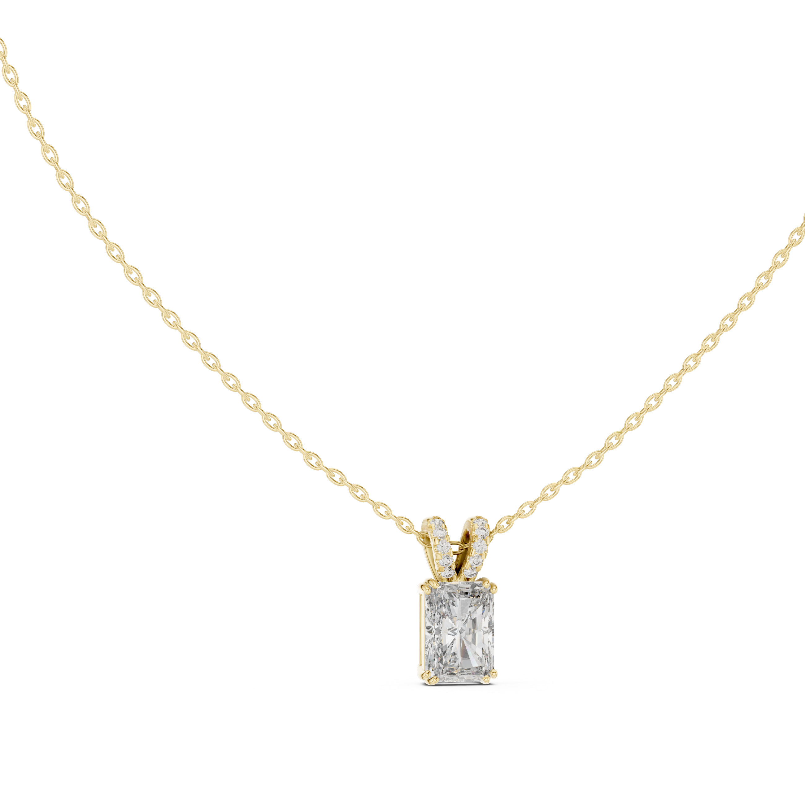 Radiant Cut Diamond Pendant Necklace – Modern Solitaire with Pavé Bail
