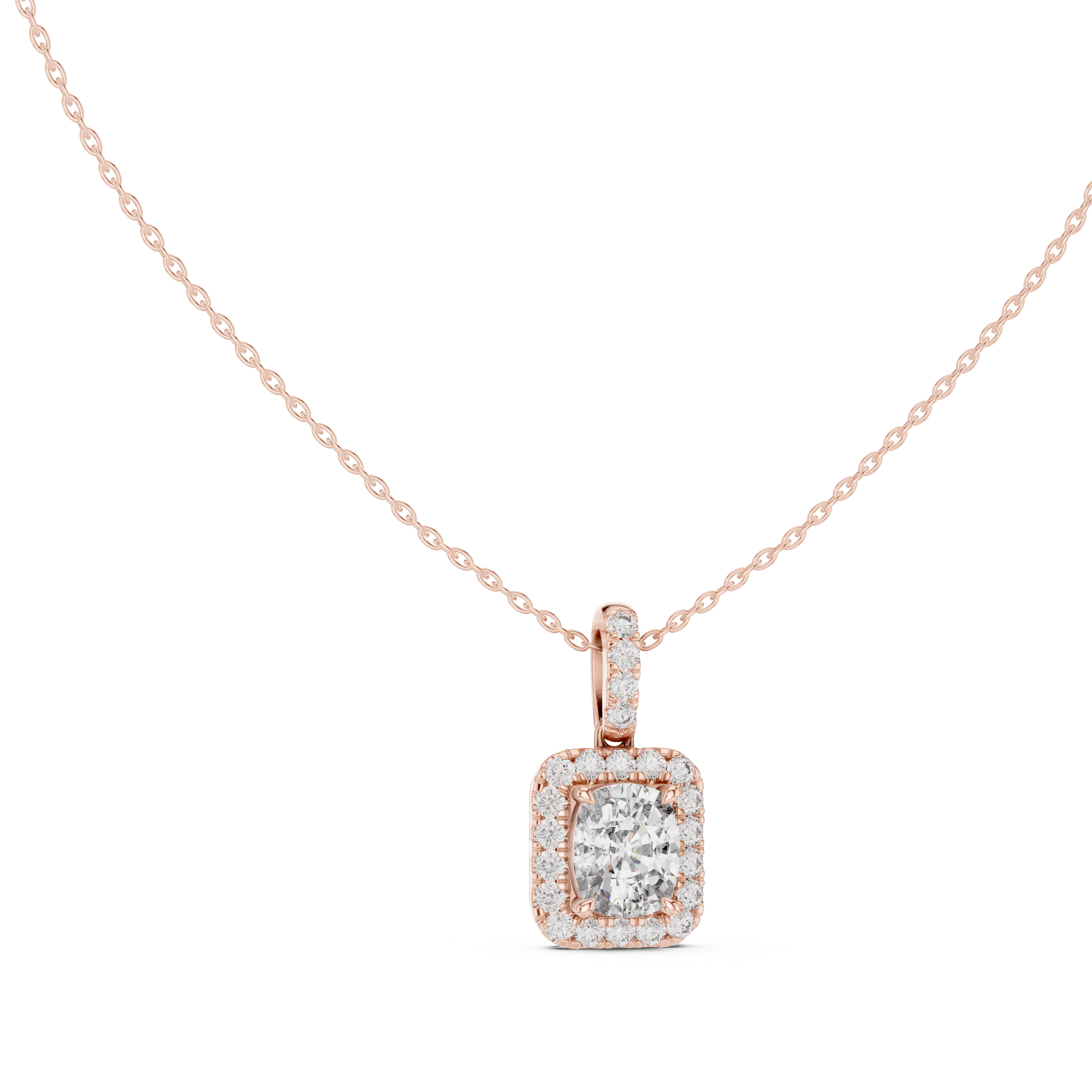 Cushion Cut Halo Diamond Pendant Necklace with Pavé Bail