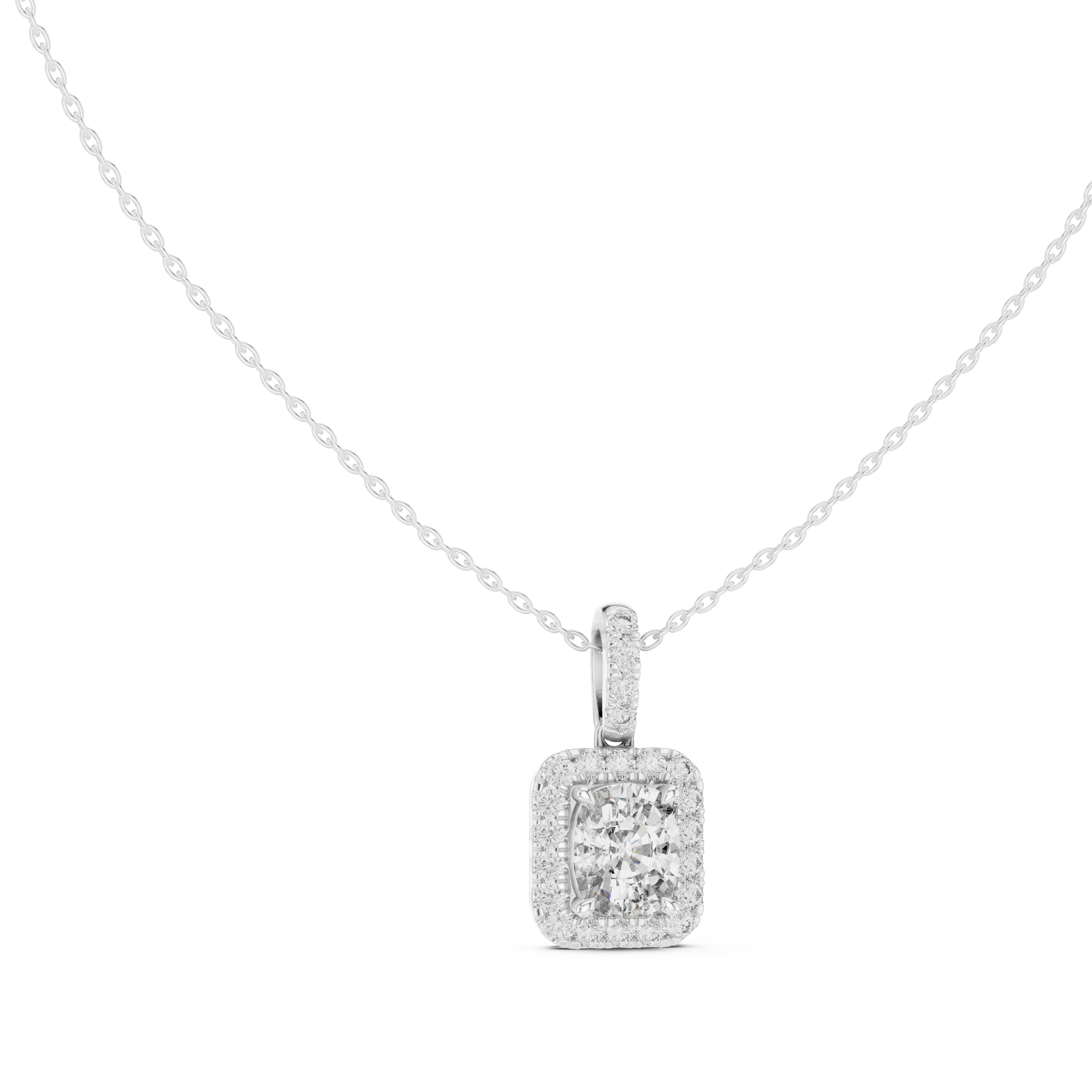 Cushion Cut Halo Diamond Pendant Necklace with Pavé Bail