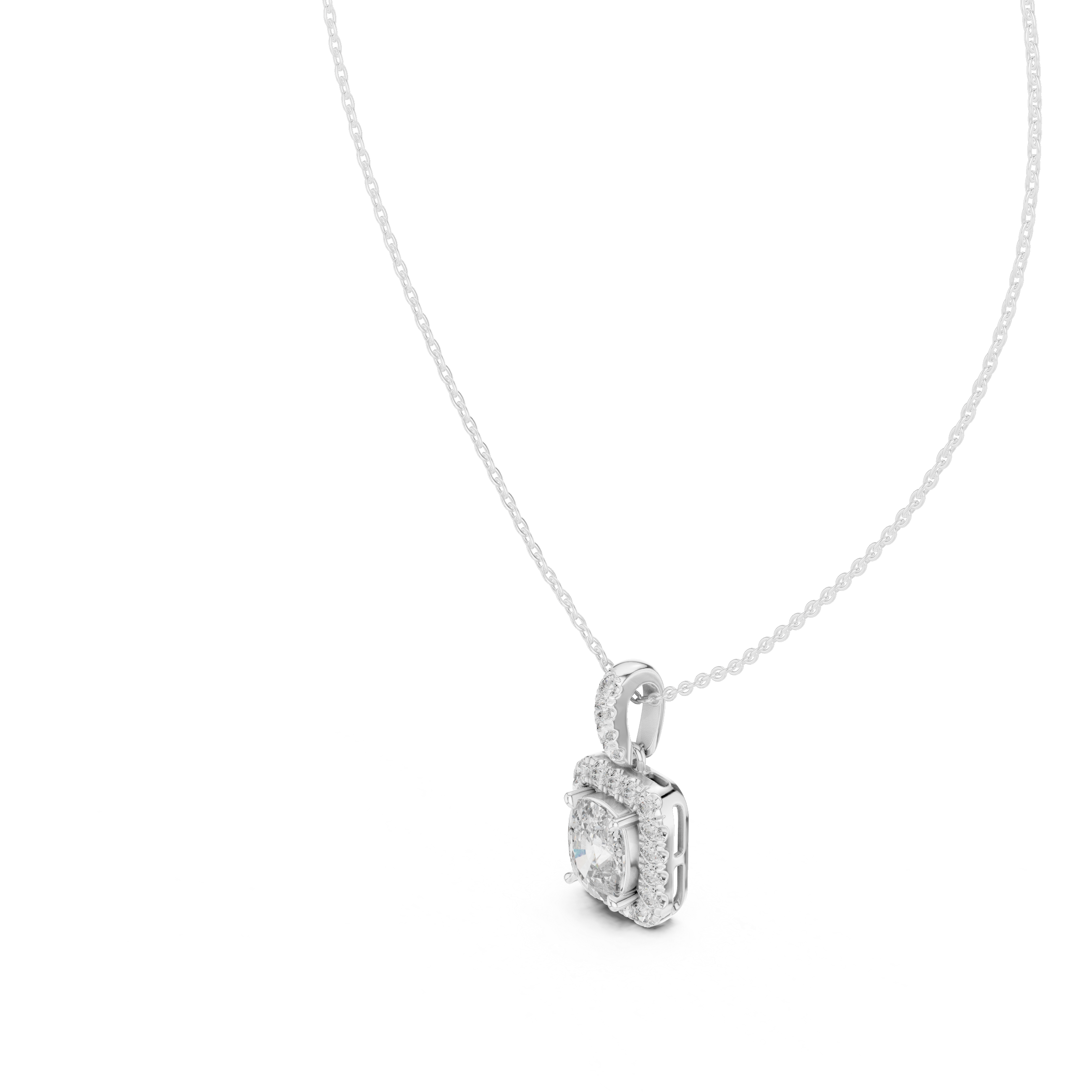 Cushion Cut Halo Diamond Pendant Necklace with Pavé Bail