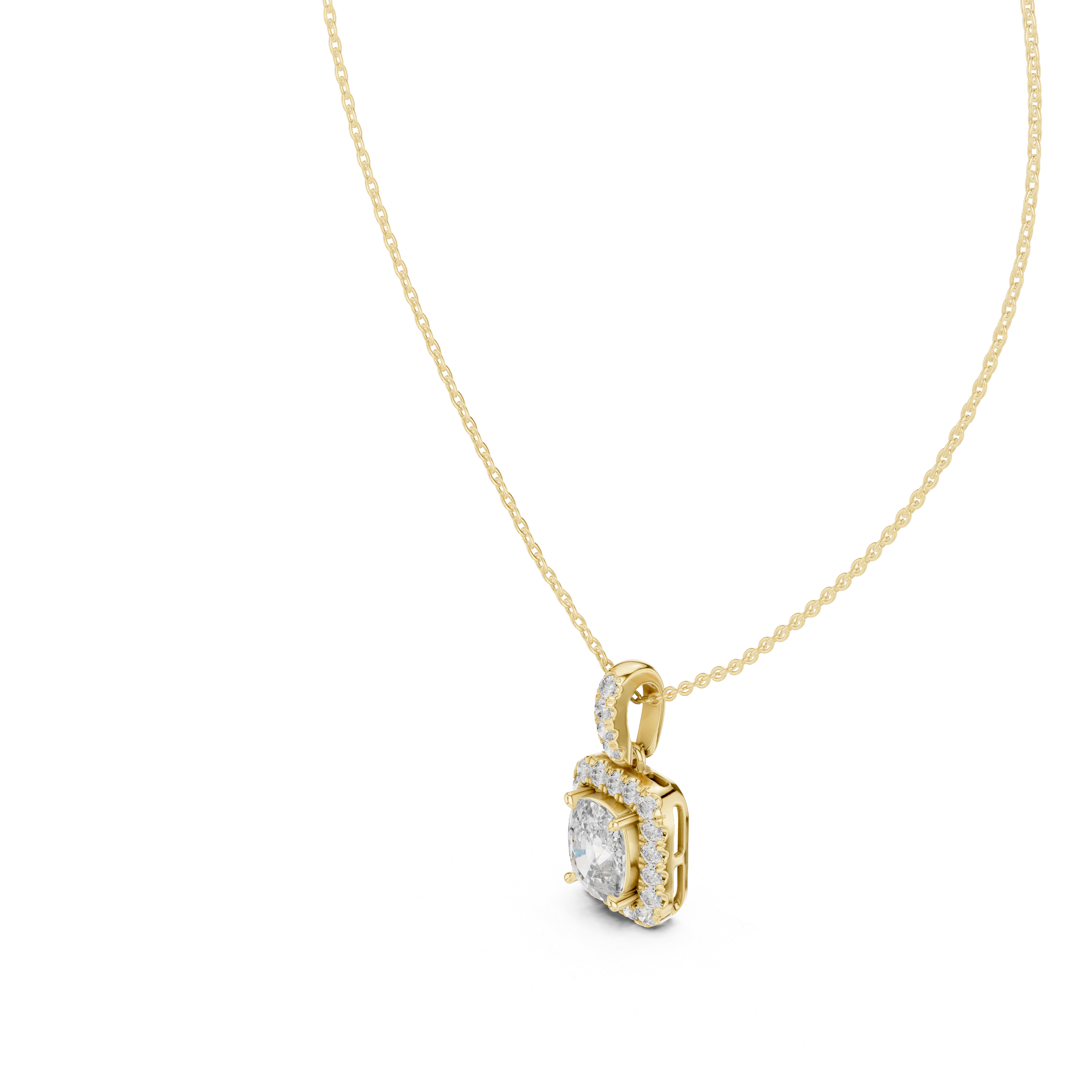 Cushion Cut Halo Diamond Pendant Necklace with Pavé Bail