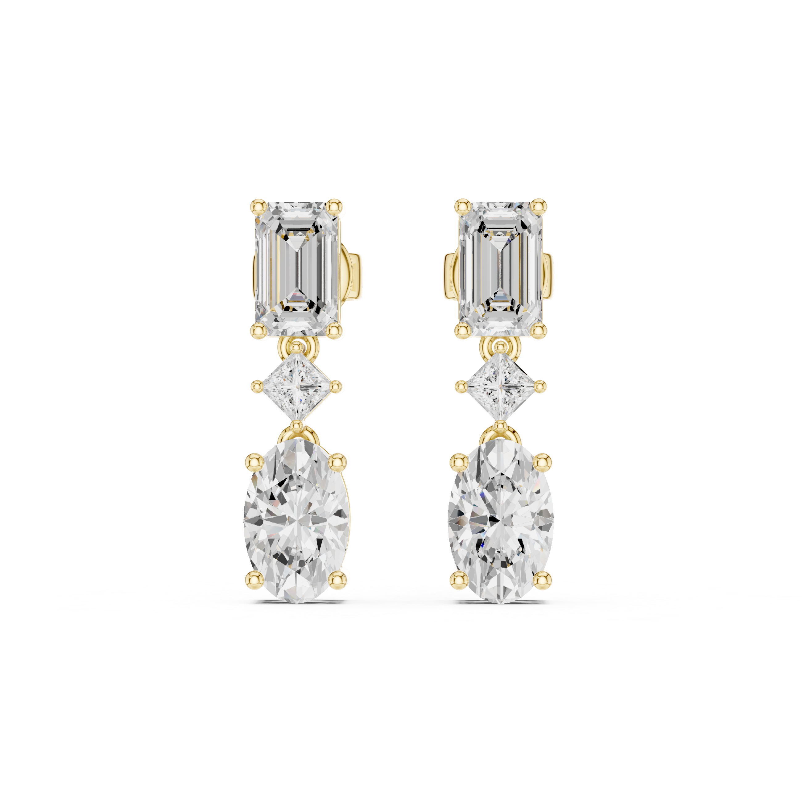 Emerald, Princess & Oval Diamond Drop Earrings