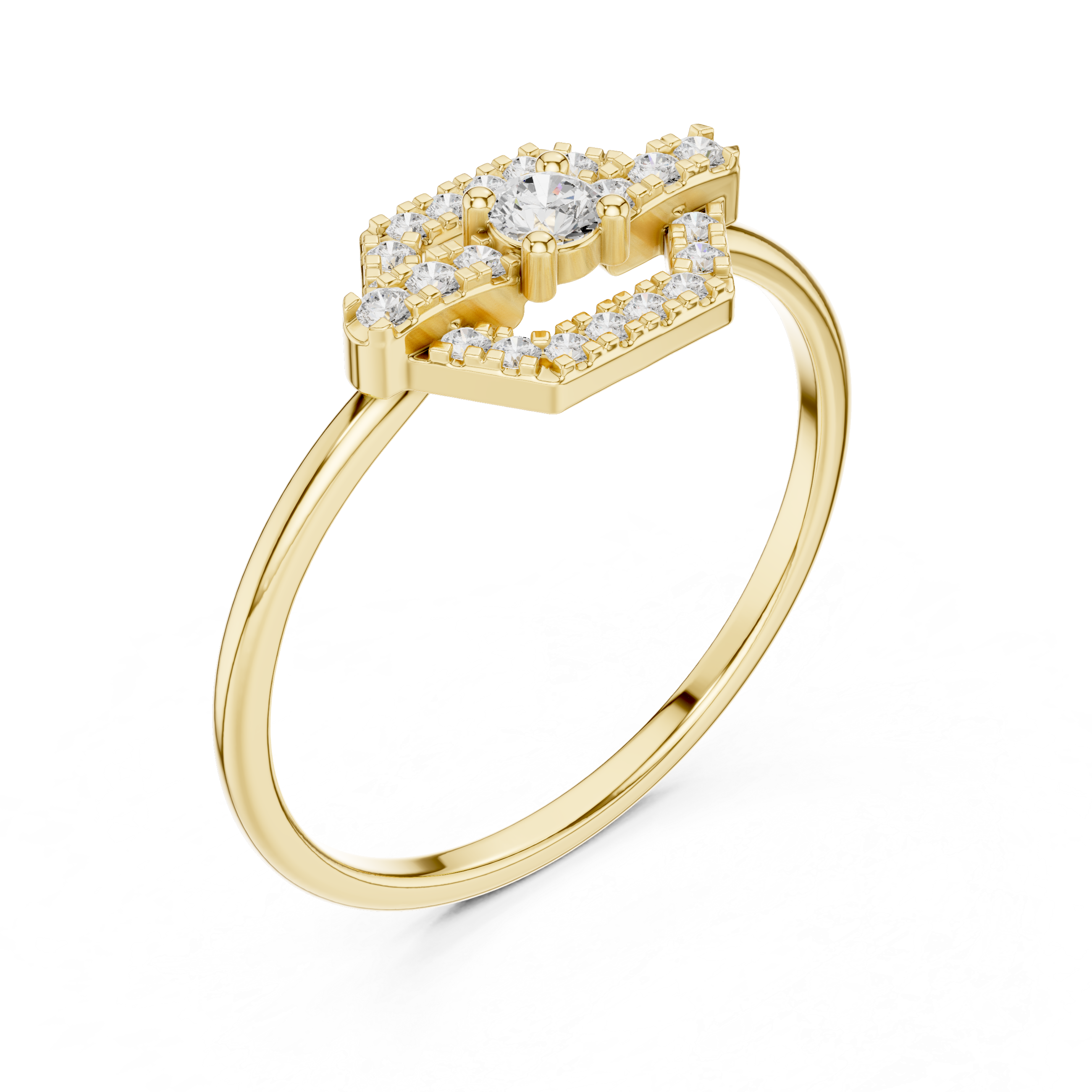 Hexagon Halo Diamond Ring with Geometric Pavé Frame