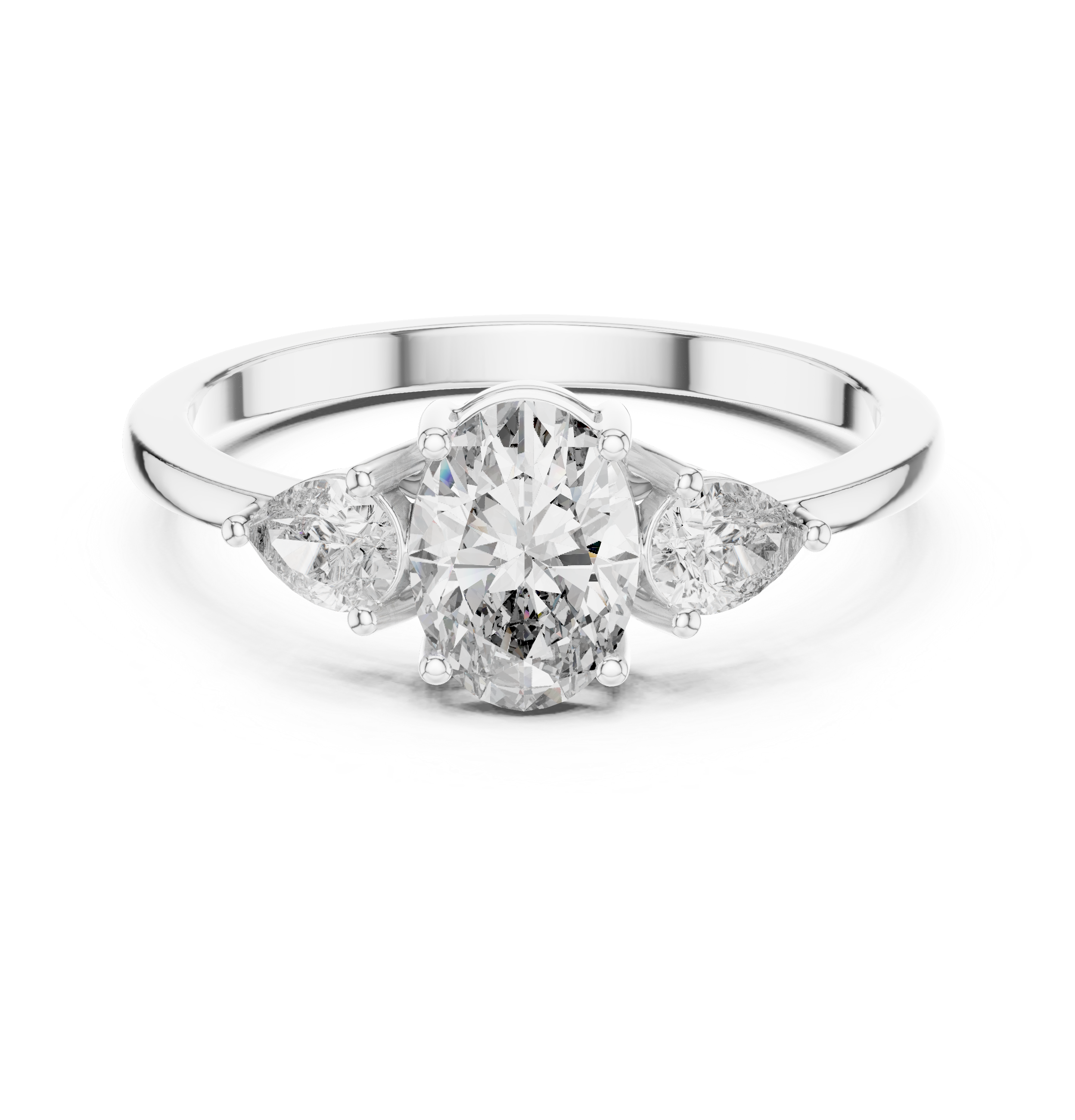 Oval Diamond Three Stone Engagement Ring – Pear Side Stone Solitaire Ring