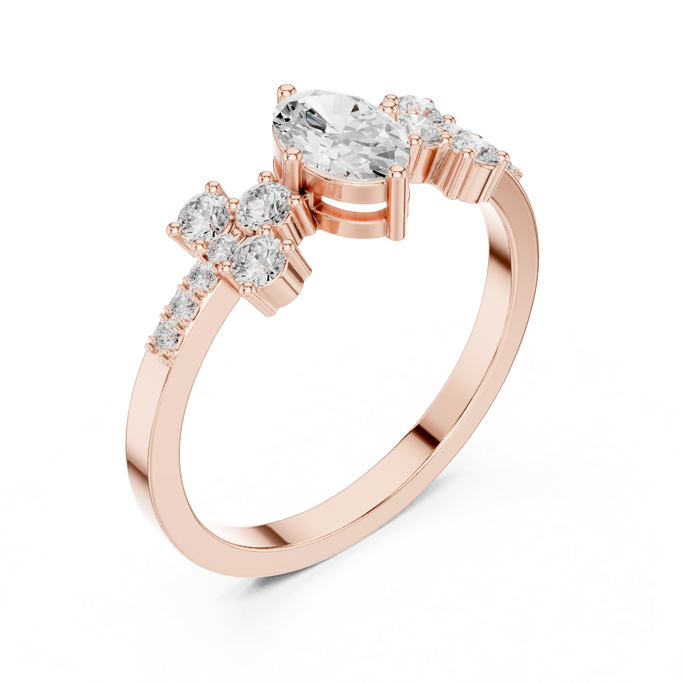 Marquise Diamond Three-Stone Engagement Ring – Floral Side Cluster Ring