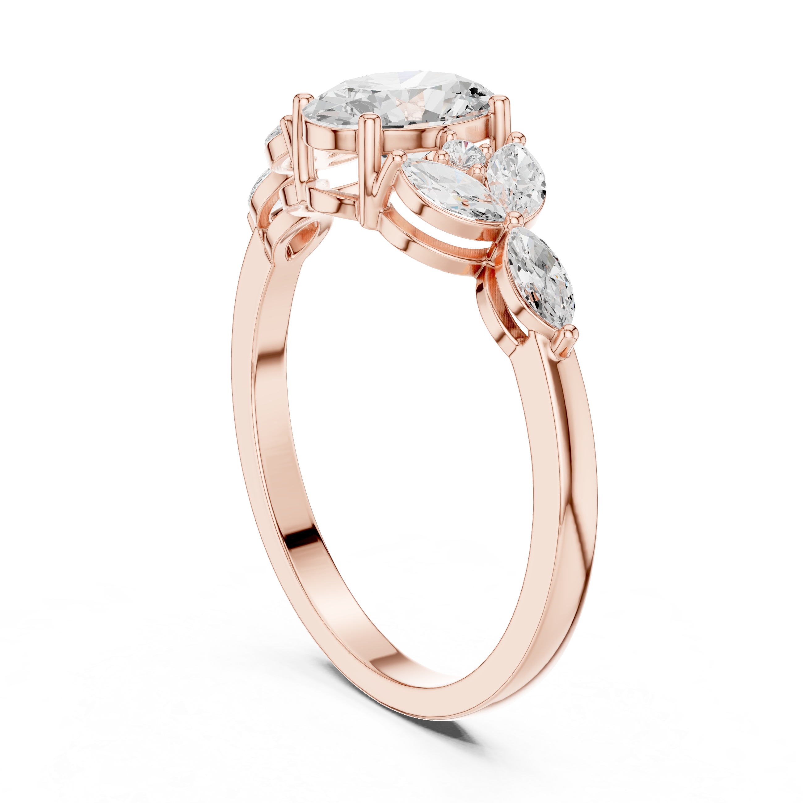 Oval Diamond Floral Cluster Ring – Marquise Side Stone Engagement Ring