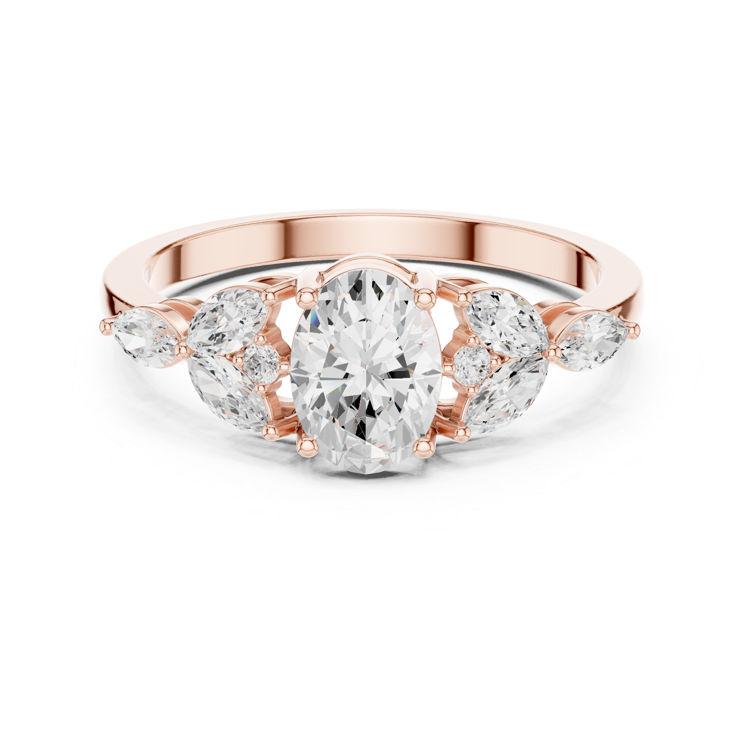 Oval Diamond Floral Cluster Ring – Marquise Side Stone Engagement Ring