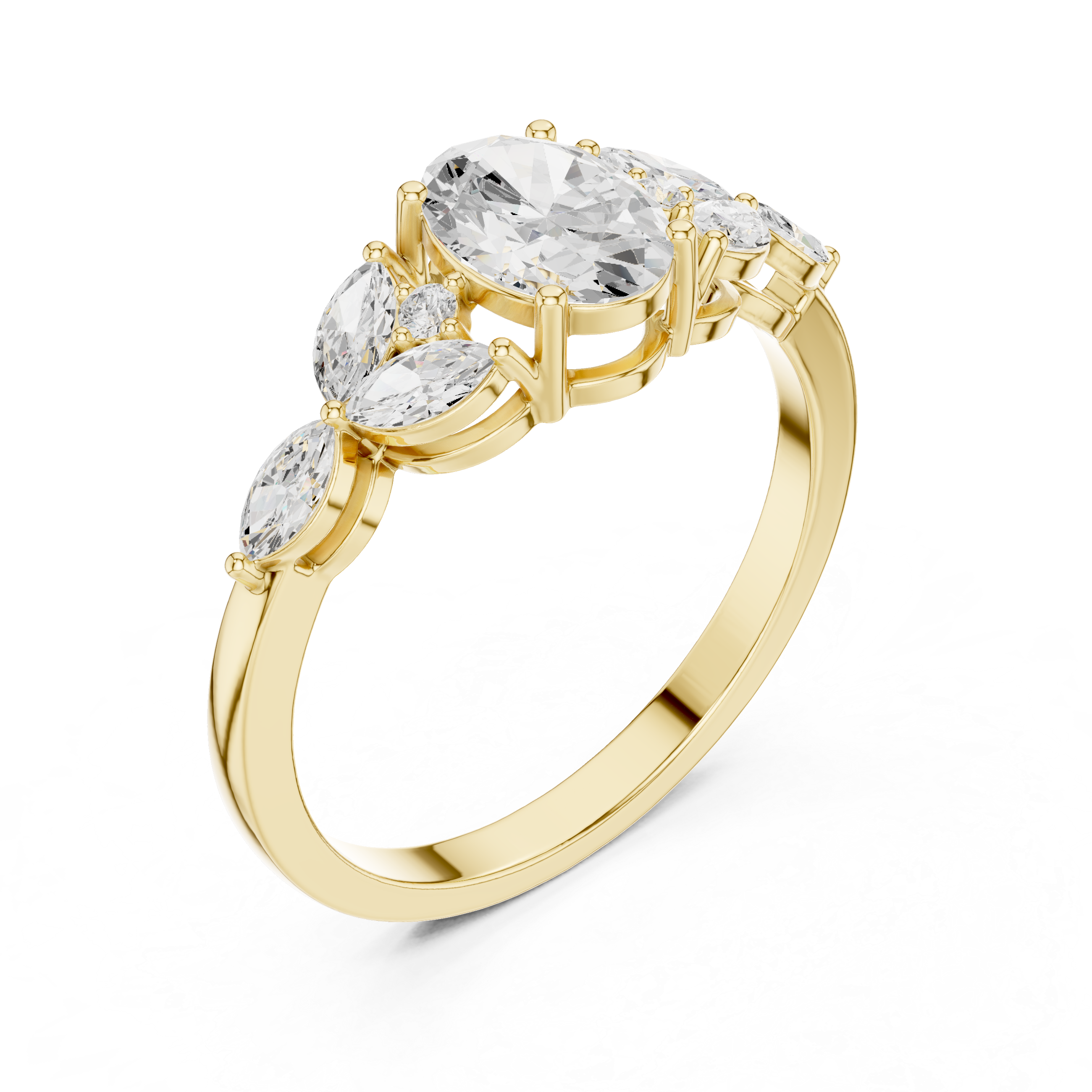 Oval Diamond Floral Cluster Ring – Marquise Side Stone Engagement Ring