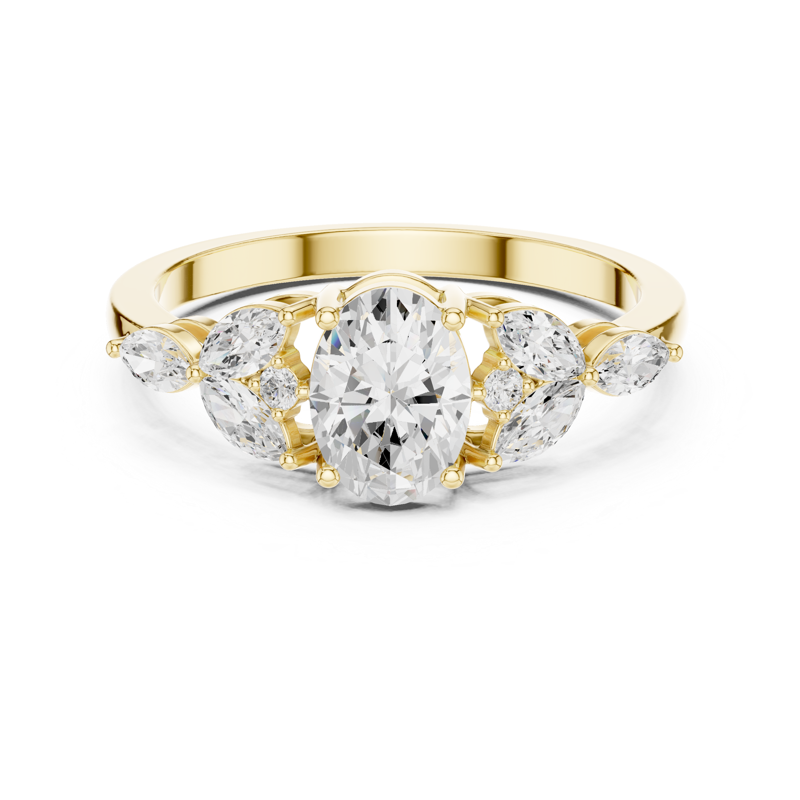 Oval Diamond Floral Cluster Ring – Marquise Side Stone Engagement Ring