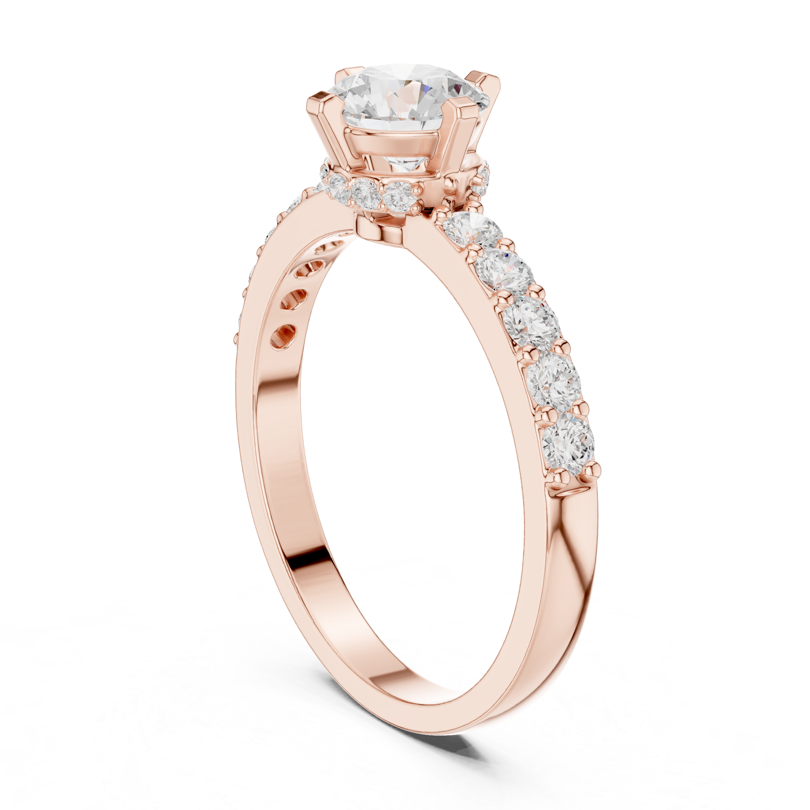 Round Brilliant Solitaire Engagement Ring with Pavé Diamond Band – Classic Cathedral Diamond Ring