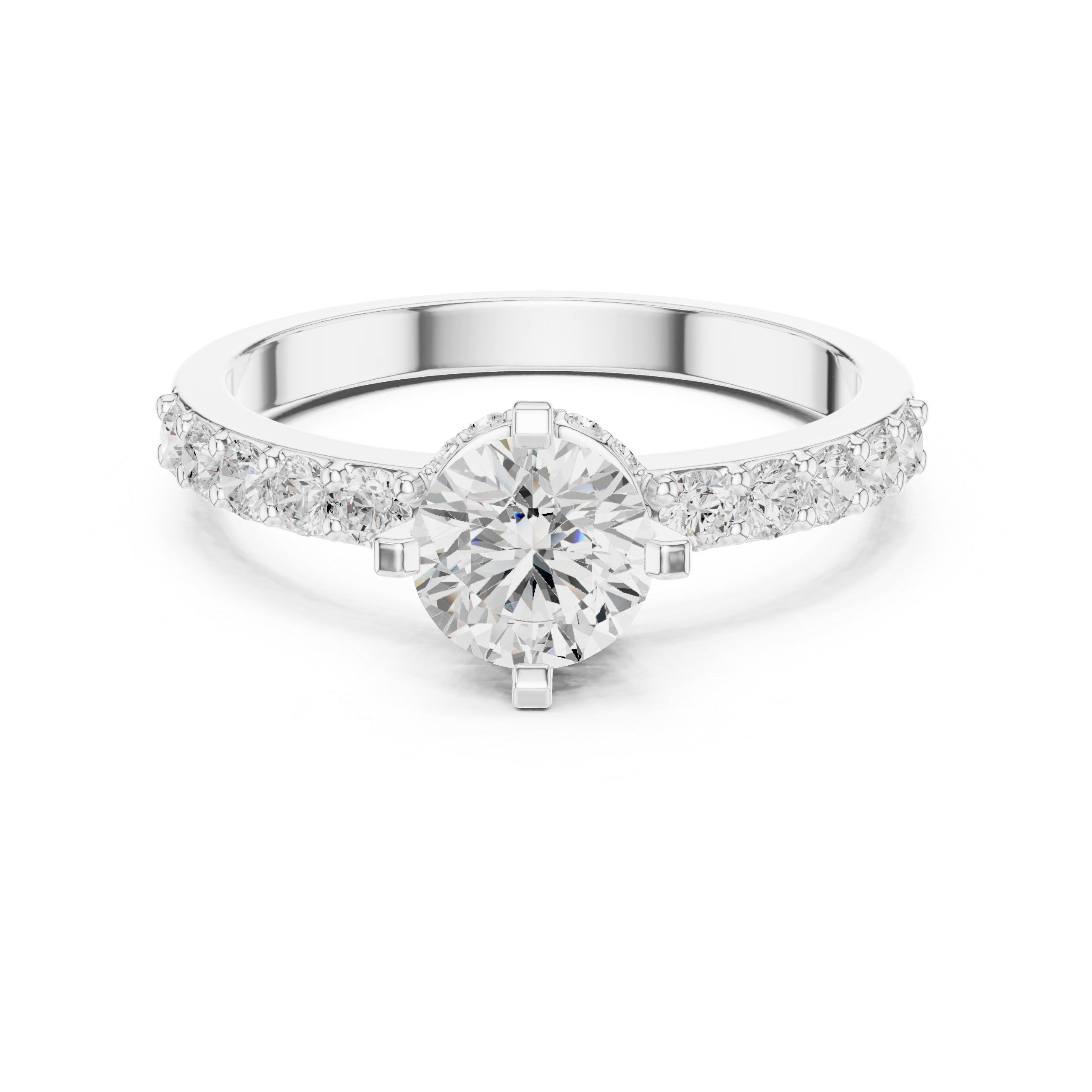 Round Brilliant Solitaire Engagement Ring with Pavé Diamond Band – Classic Cathedral Diamond Ring