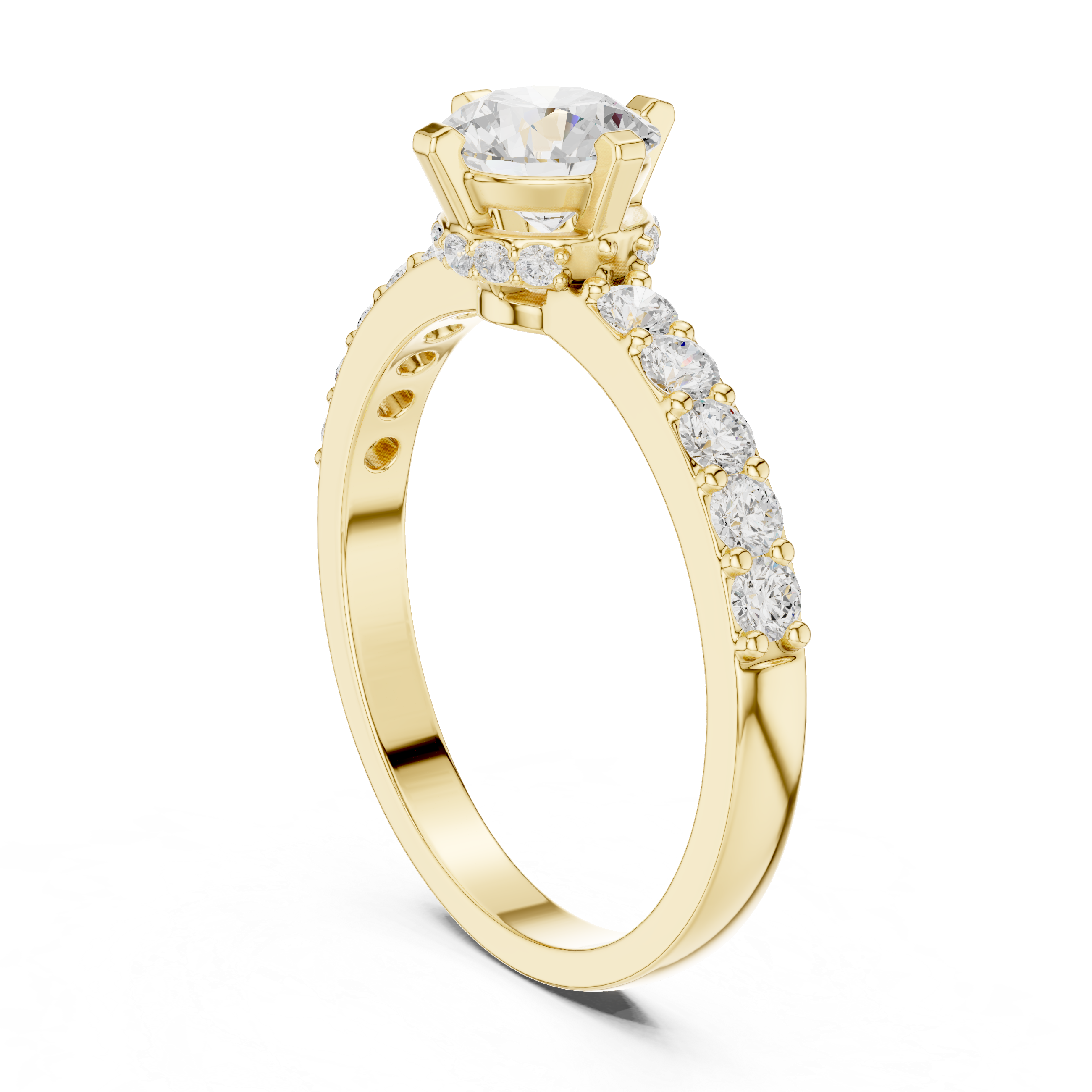 Round Brilliant Solitaire Engagement Ring with Pavé Diamond Band – Classic Cathedral Diamond Ring