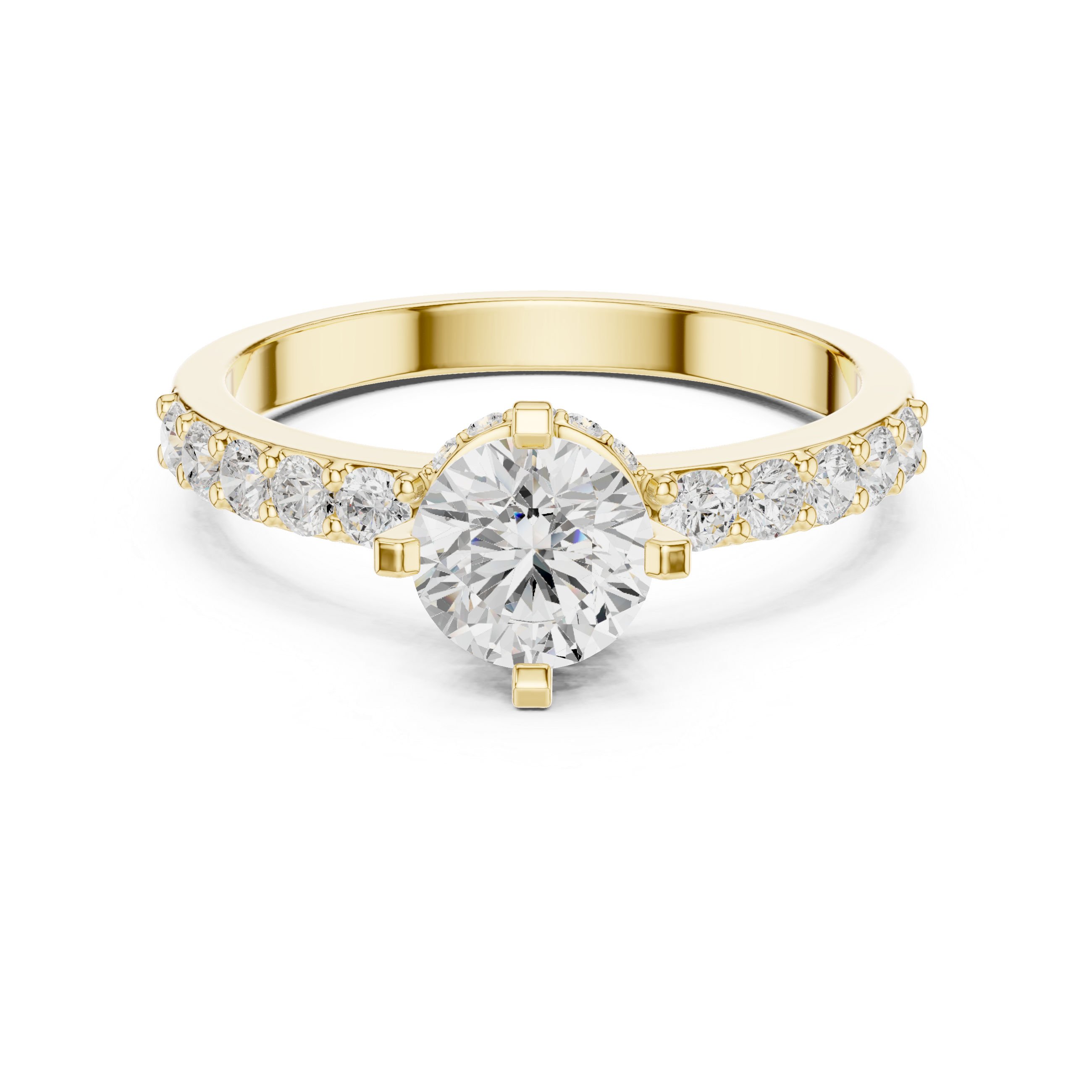 Round Brilliant Solitaire Engagement Ring with Pavé Diamond Band – Classic Cathedral Diamond Ring