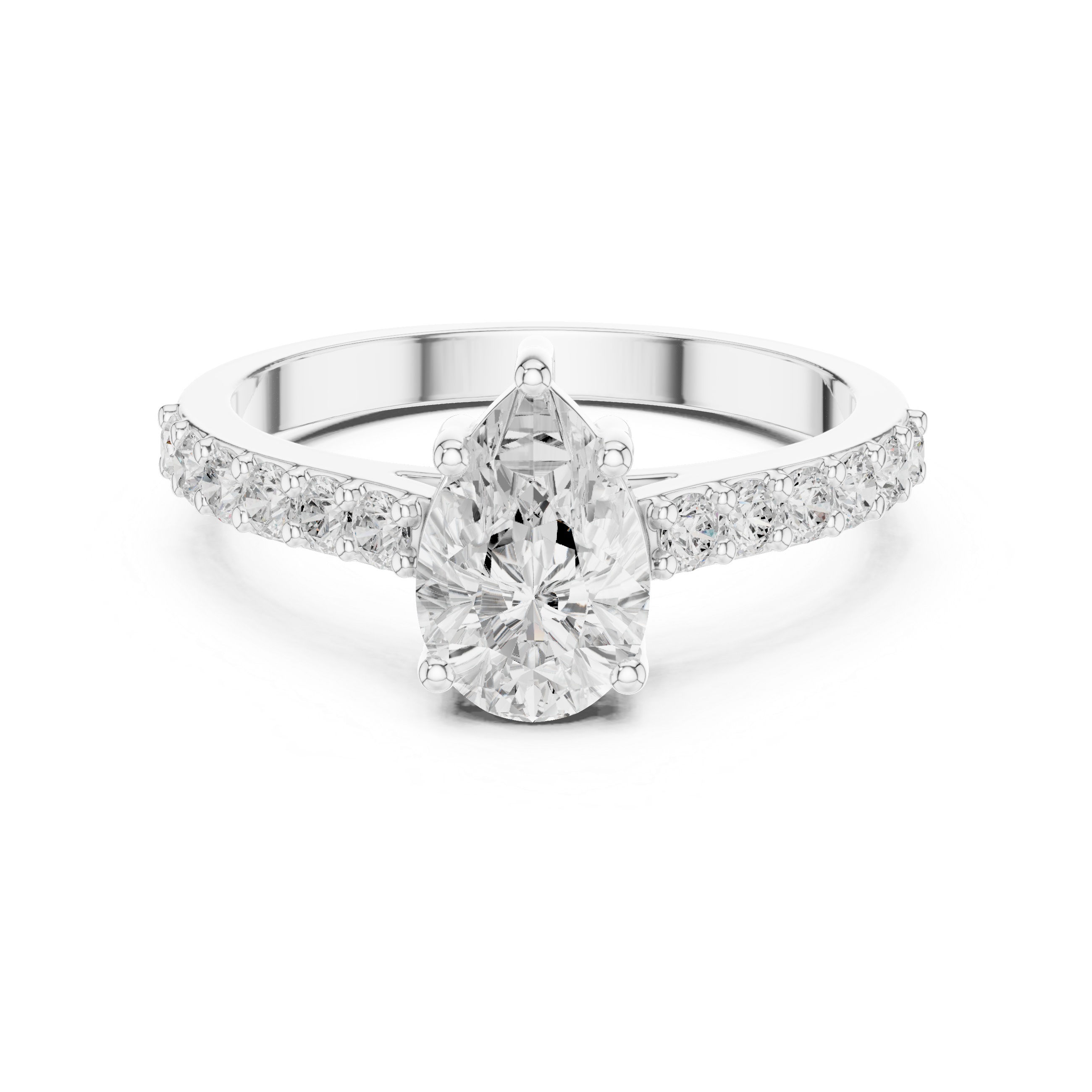 Pear Cut Solitaire Engagement Ring with Pavé Diamond Band – Classic Teardrop Diamond Ring