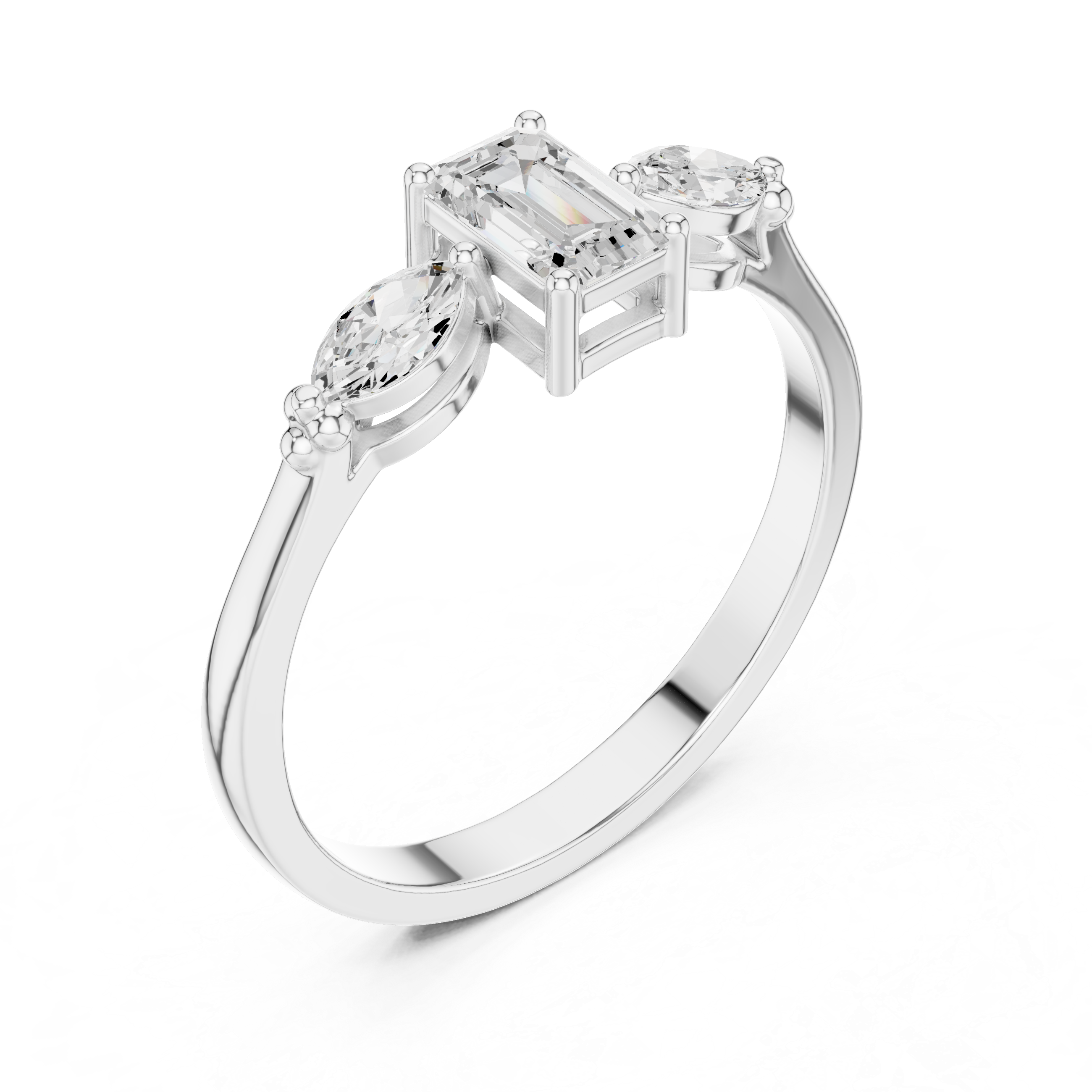 Emerald Cut Three Stone Engagement Ring – Marquise Side Stone Diamond Ring