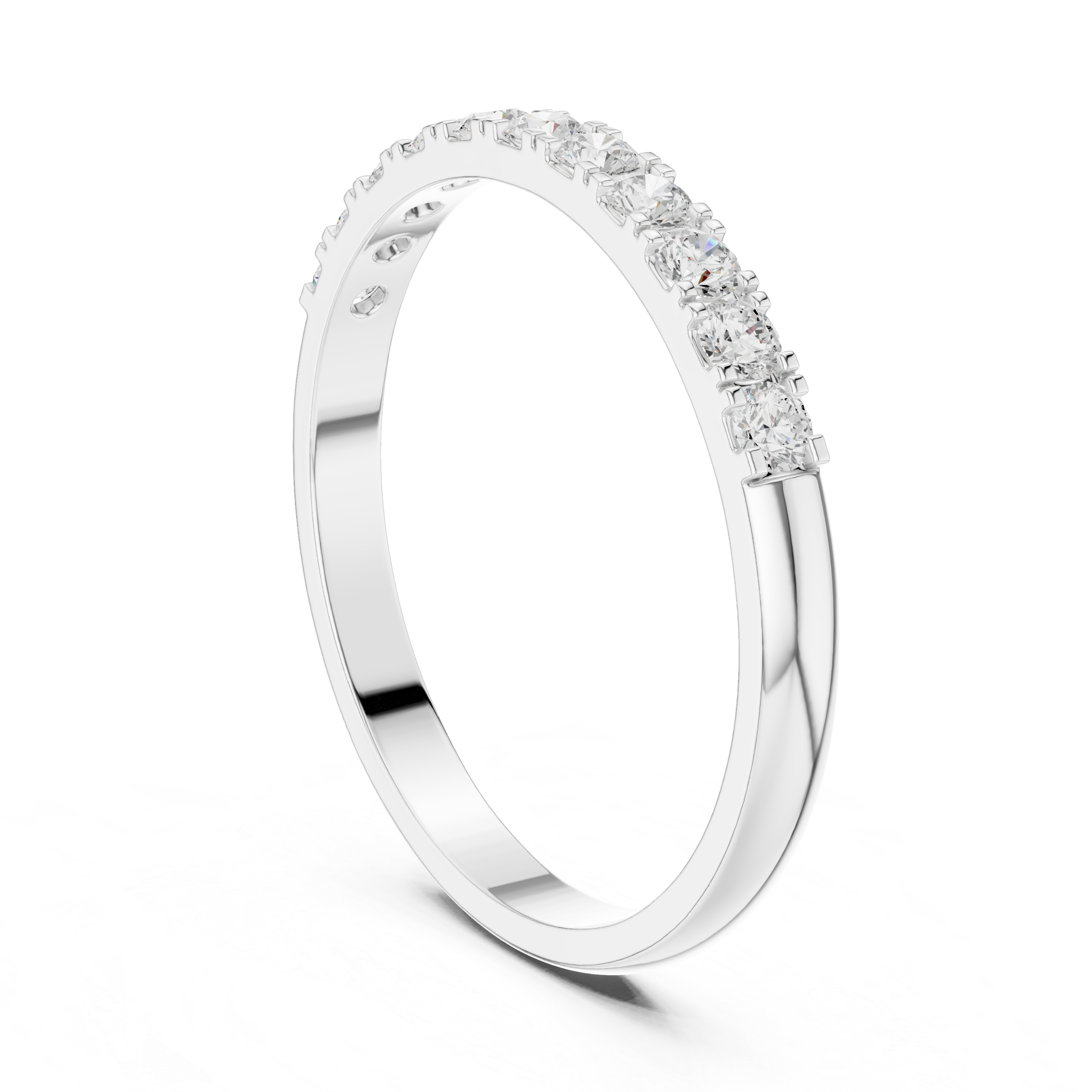 Round Diamond Half Eternity Wedding Band – Minimalist Micro Prong Stackable Ring