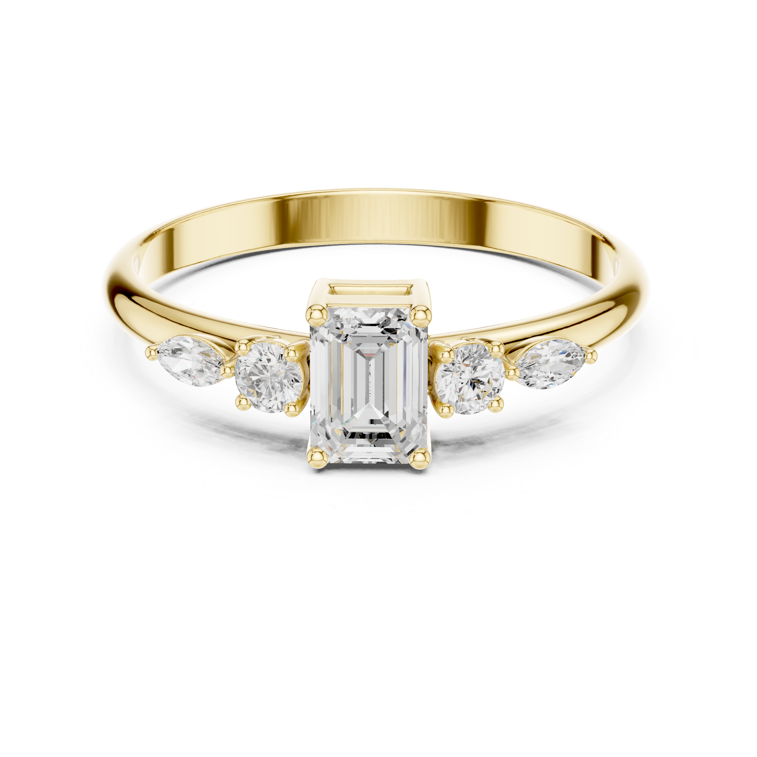 Emerald Cut Diamond Engagement Ring with Marquise Side Stones – Vintage Inspired Five Stone Ring