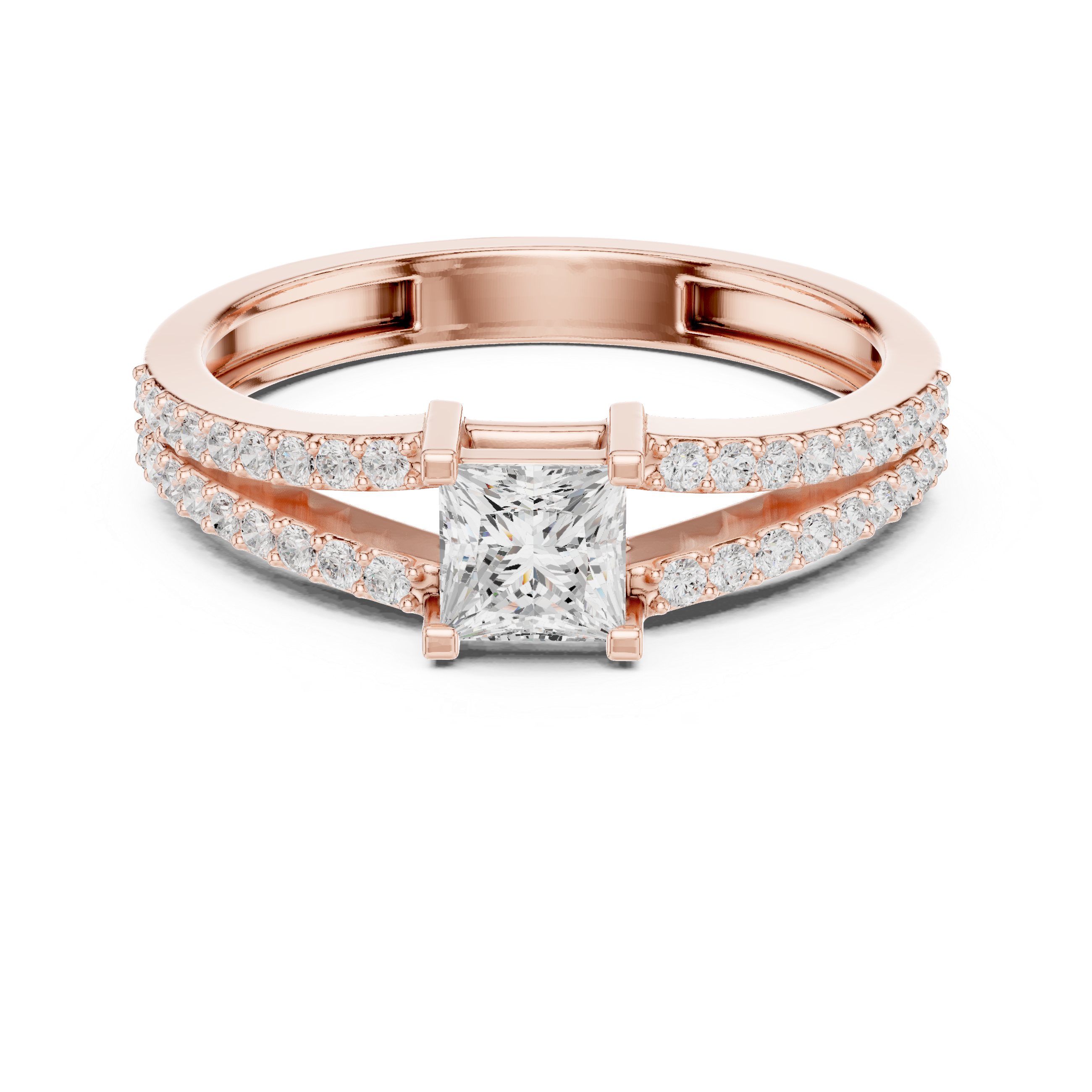 Princess Cut Diamond Split Shank Engagement Ring – Double Pavé Band Solitaire Ring