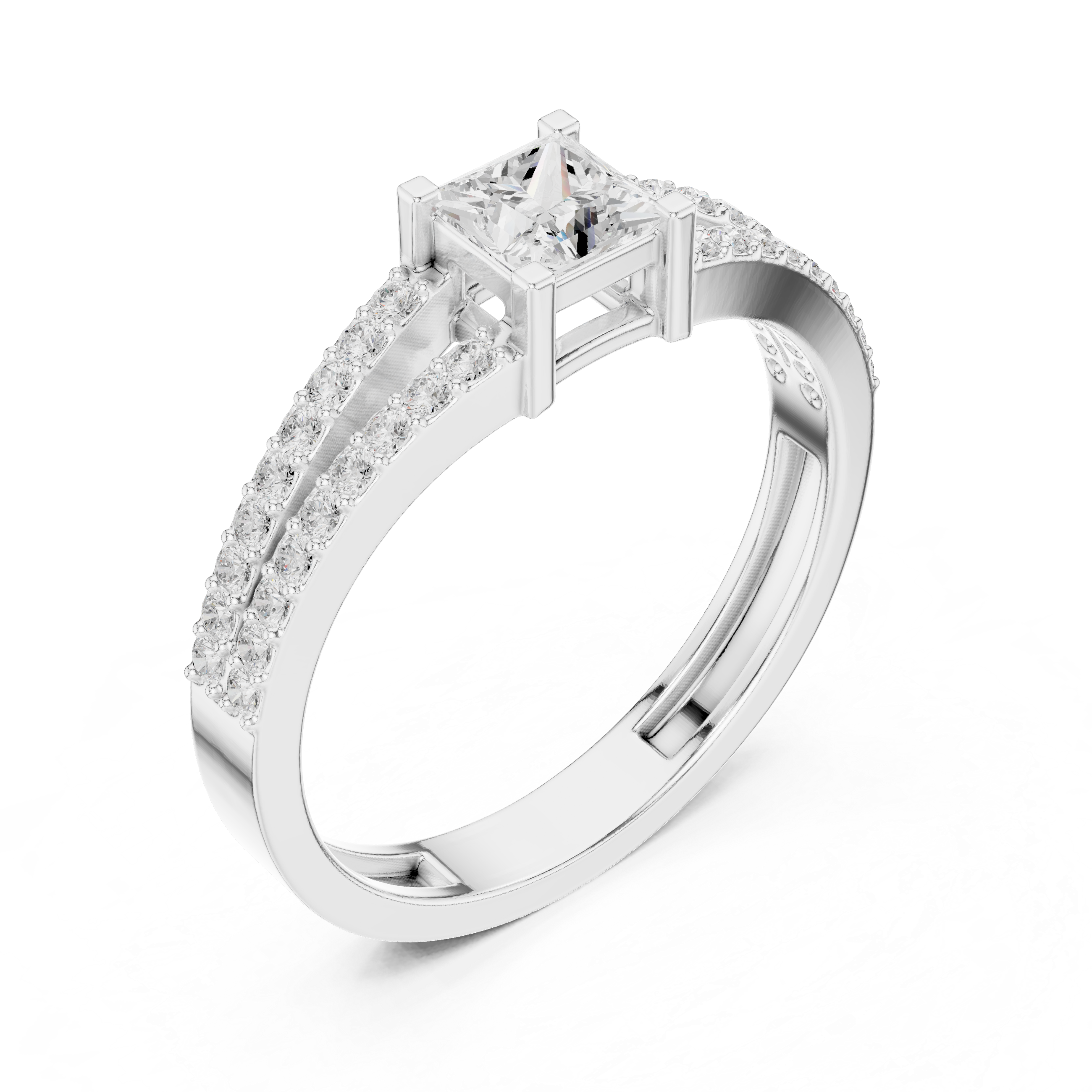 Princess Cut Diamond Split Shank Engagement Ring – Double Pavé Band Solitaire Ring